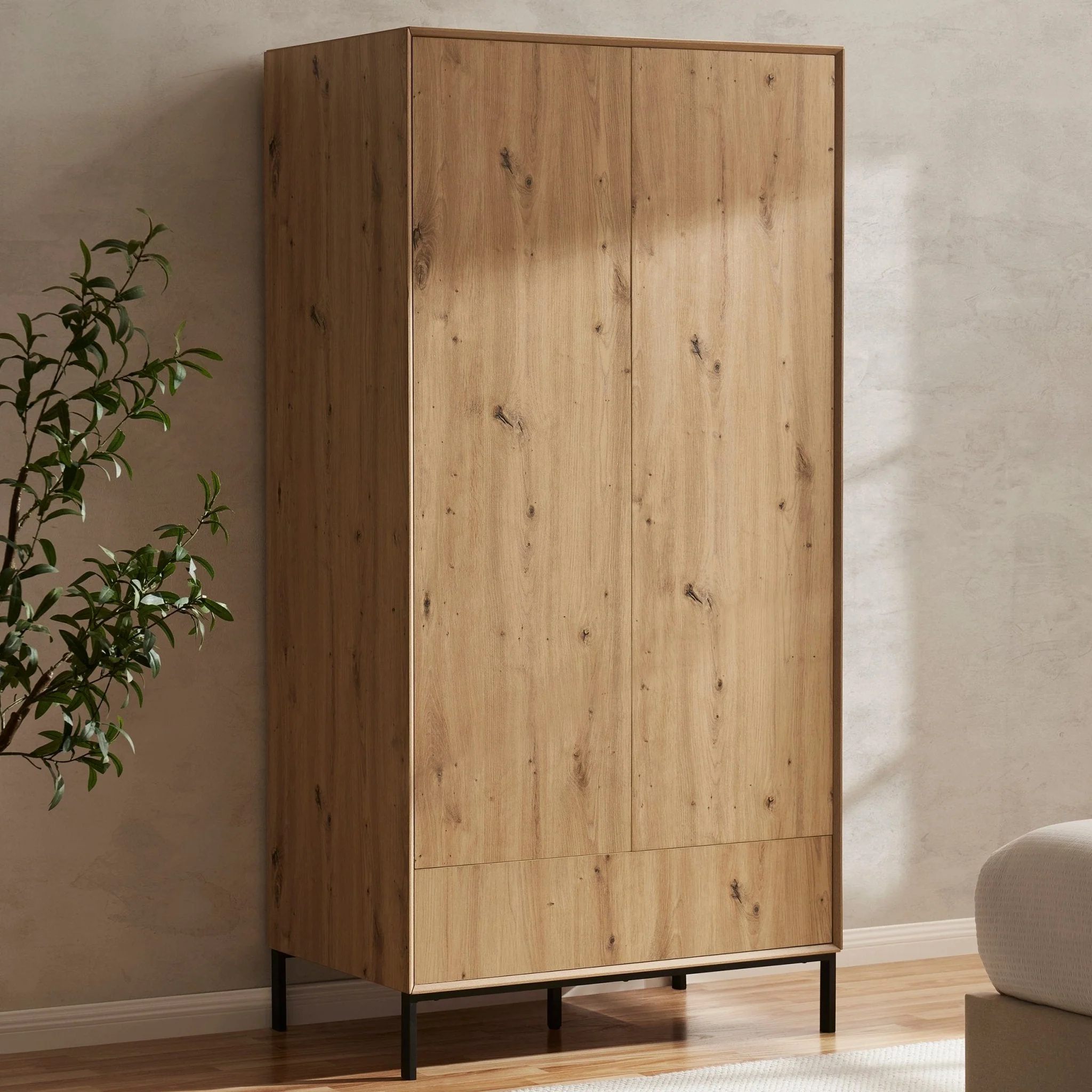 Nova 2 Door Wardrobe with Drawer - Light Wood