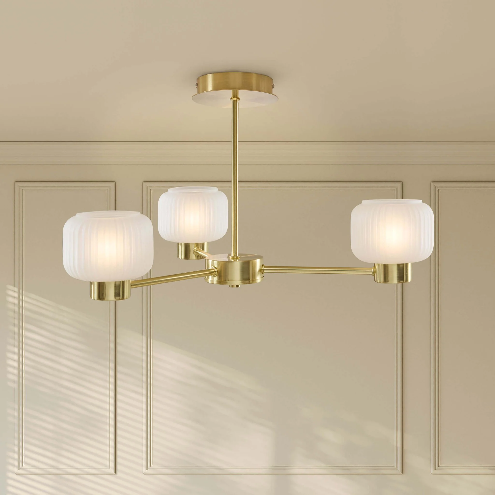Octavia Ribbed Glass 3 Light Chandelier - Brass