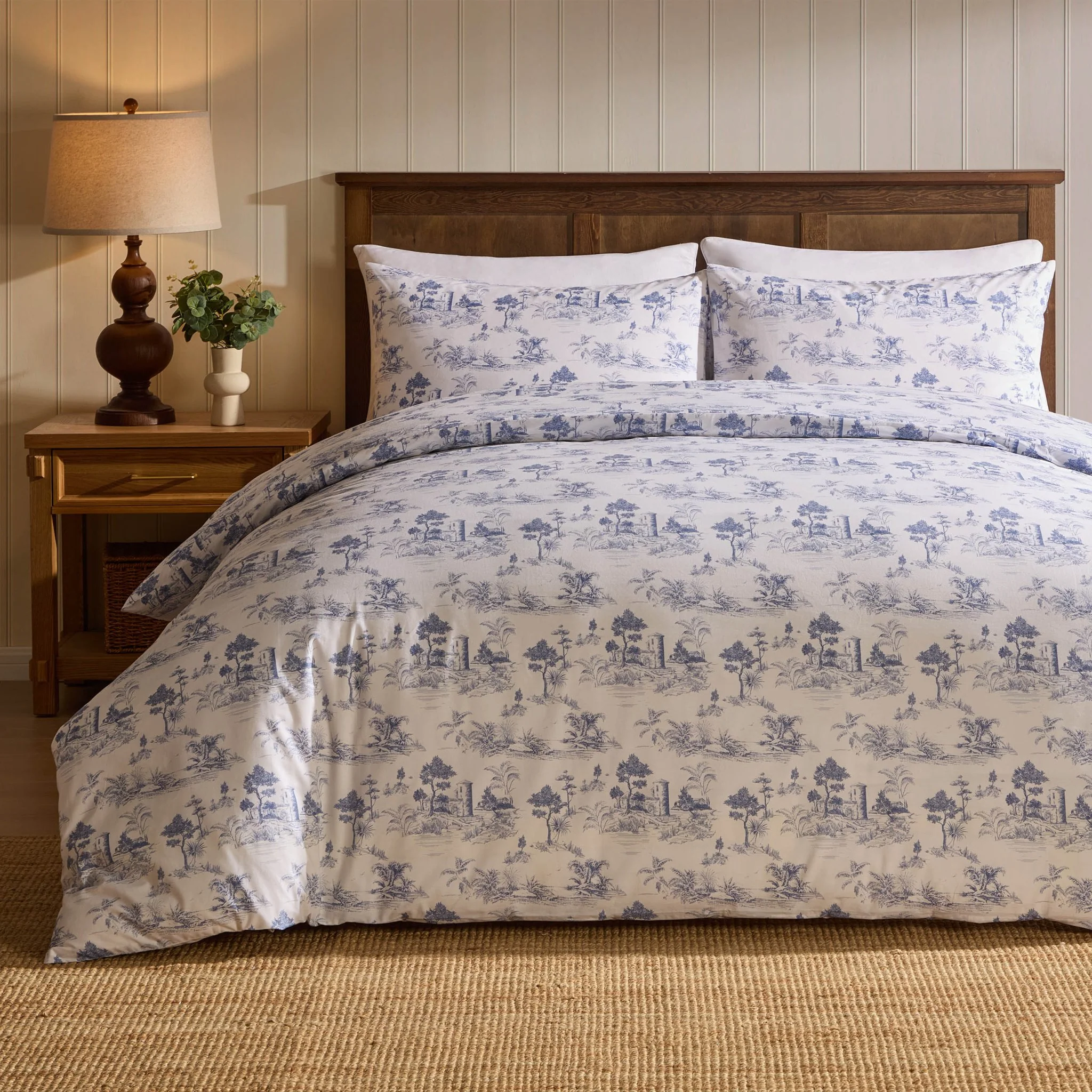 Ophelia Toile Print 100% Cotton 200 Thread Count Duvet Cover & Pillowcase Set - Light Blue