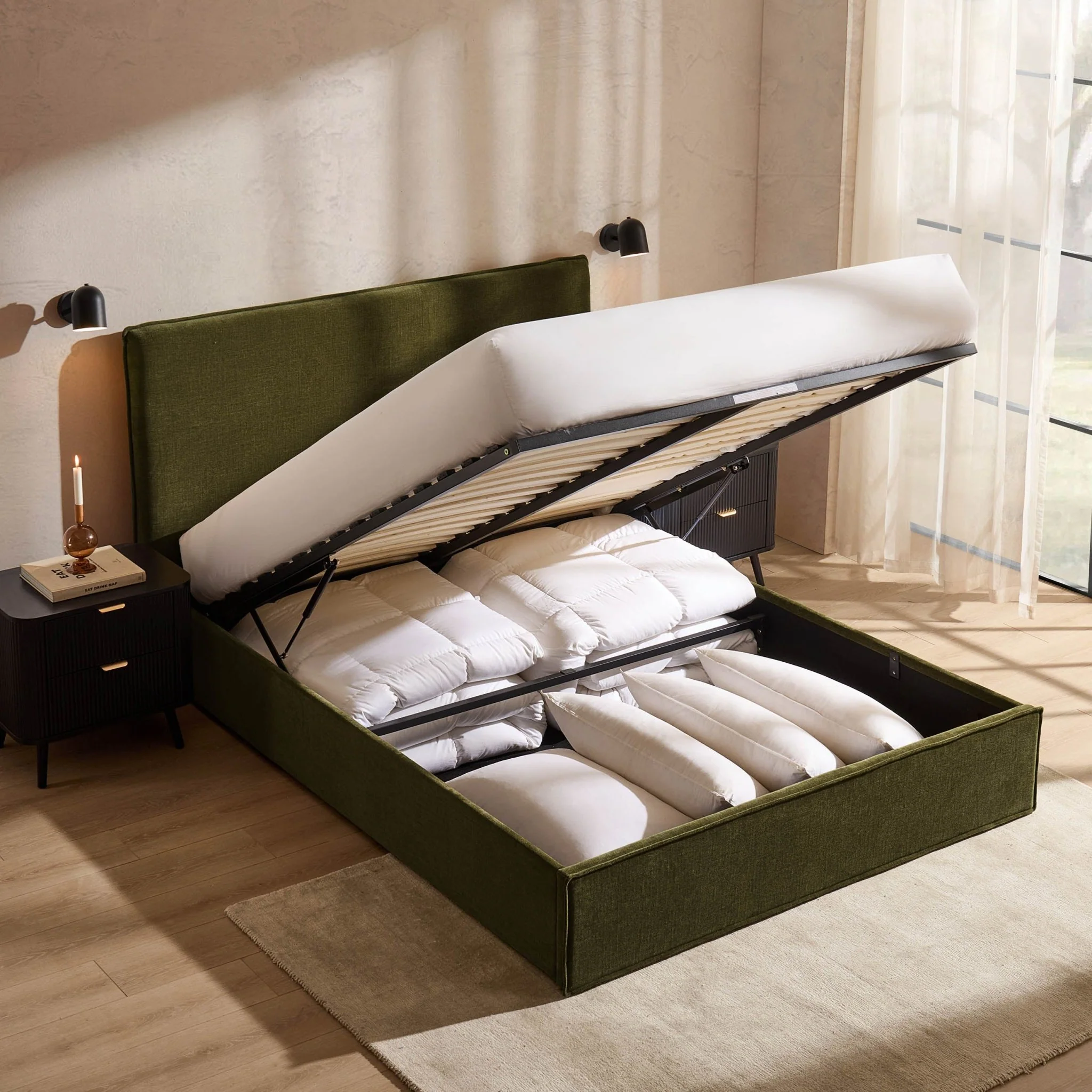 Oslo Ottoman Storage Bed - Chenille Olive - Image 2