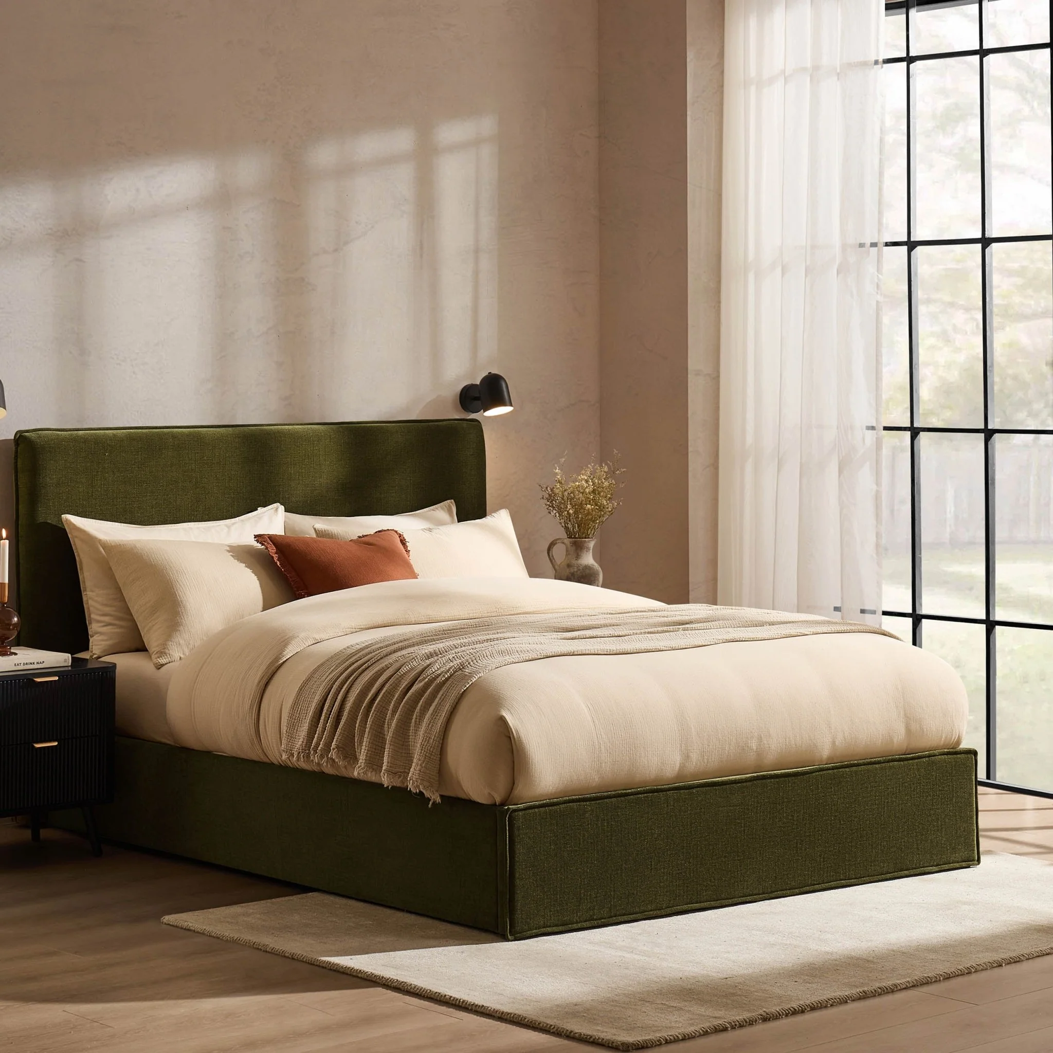 Oslo Ottoman Storage Bed - Chenille Olive - Image 6