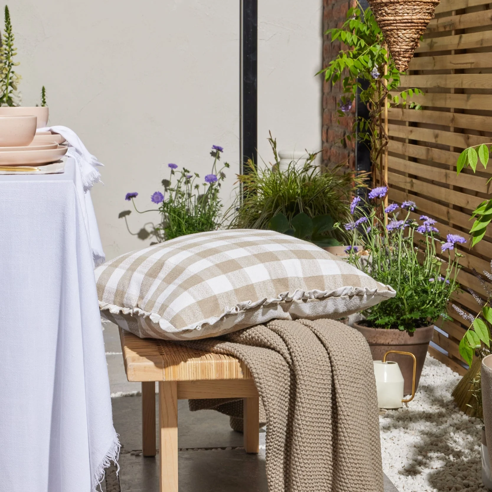 Pack of 2 Gingham Frill Edge Waterproof Outdoor Cushion Covers - Natural - Image 3