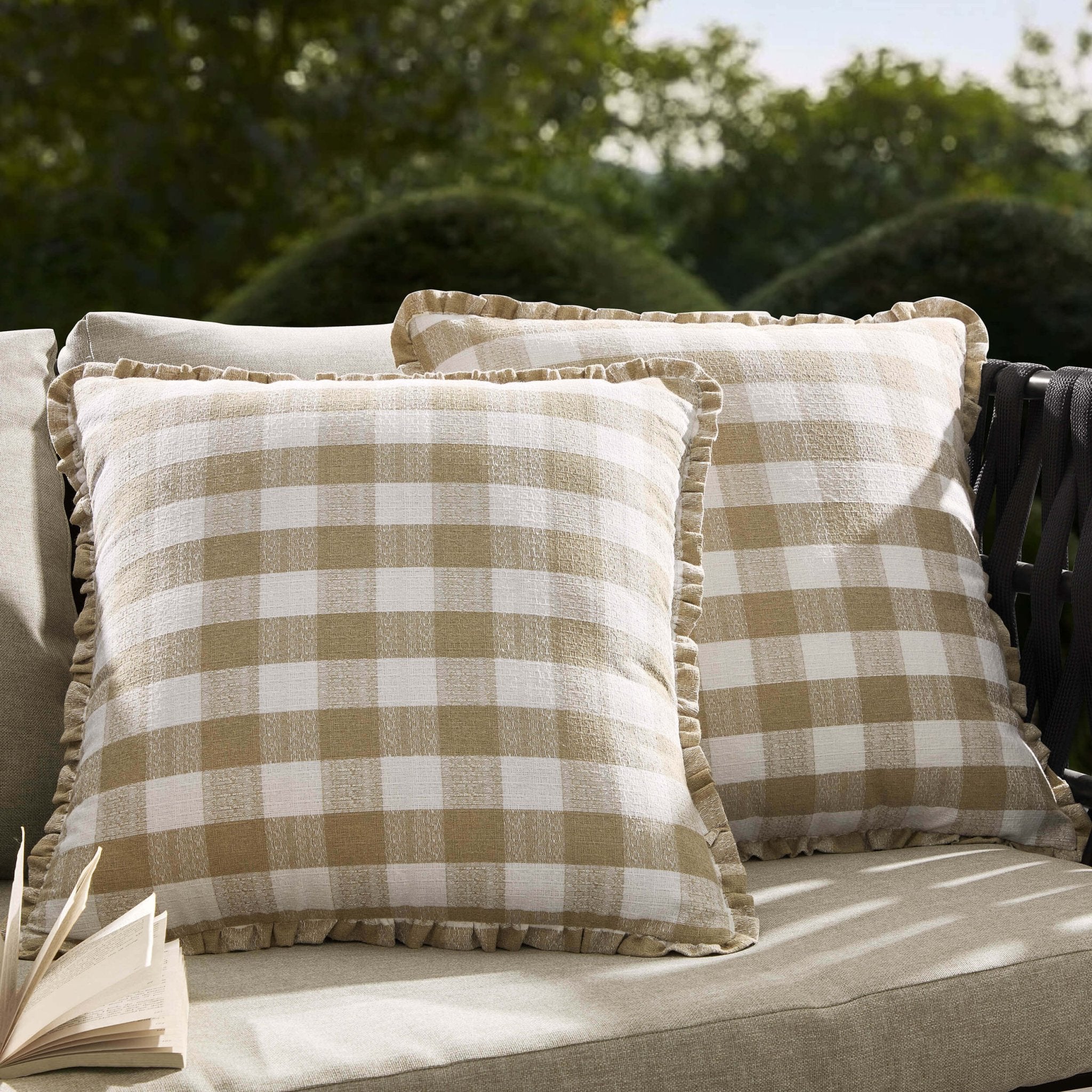Pack of 2 Gingham Frill Edge Waterproof Outdoor Cushion Covers - Natural - Image 4