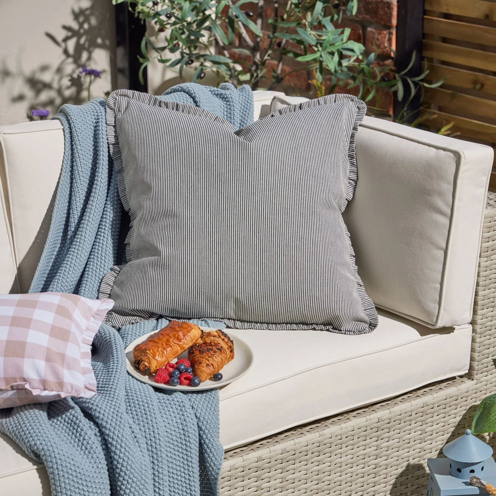Pack of 2 Stripe Frill Edge Waterproof Outdoor Cushion Covers - Charcoal - Image 3