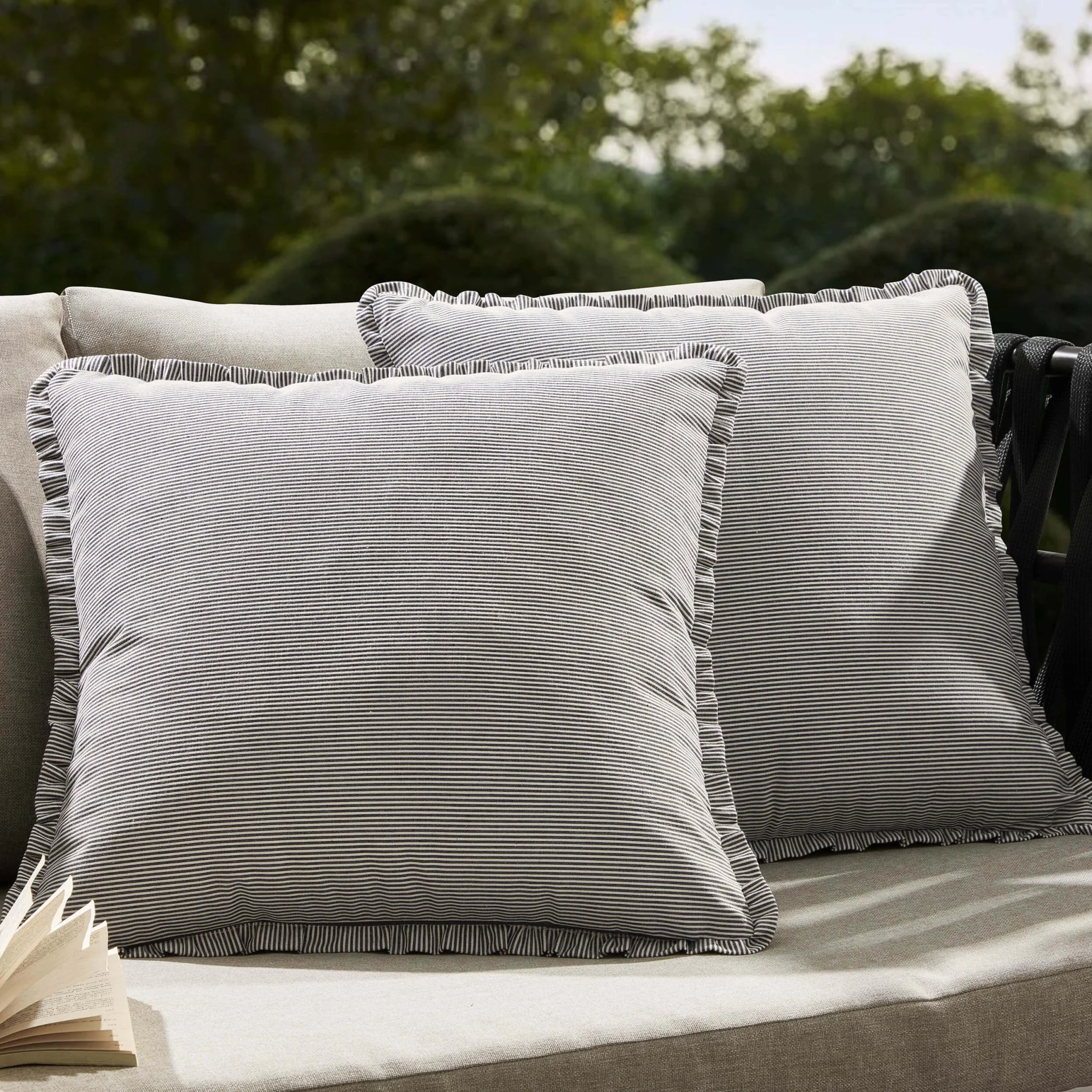 Pack of 2 Stripe Frill Edge Waterproof Outdoor Cushion Covers - Charcoal - Image 4