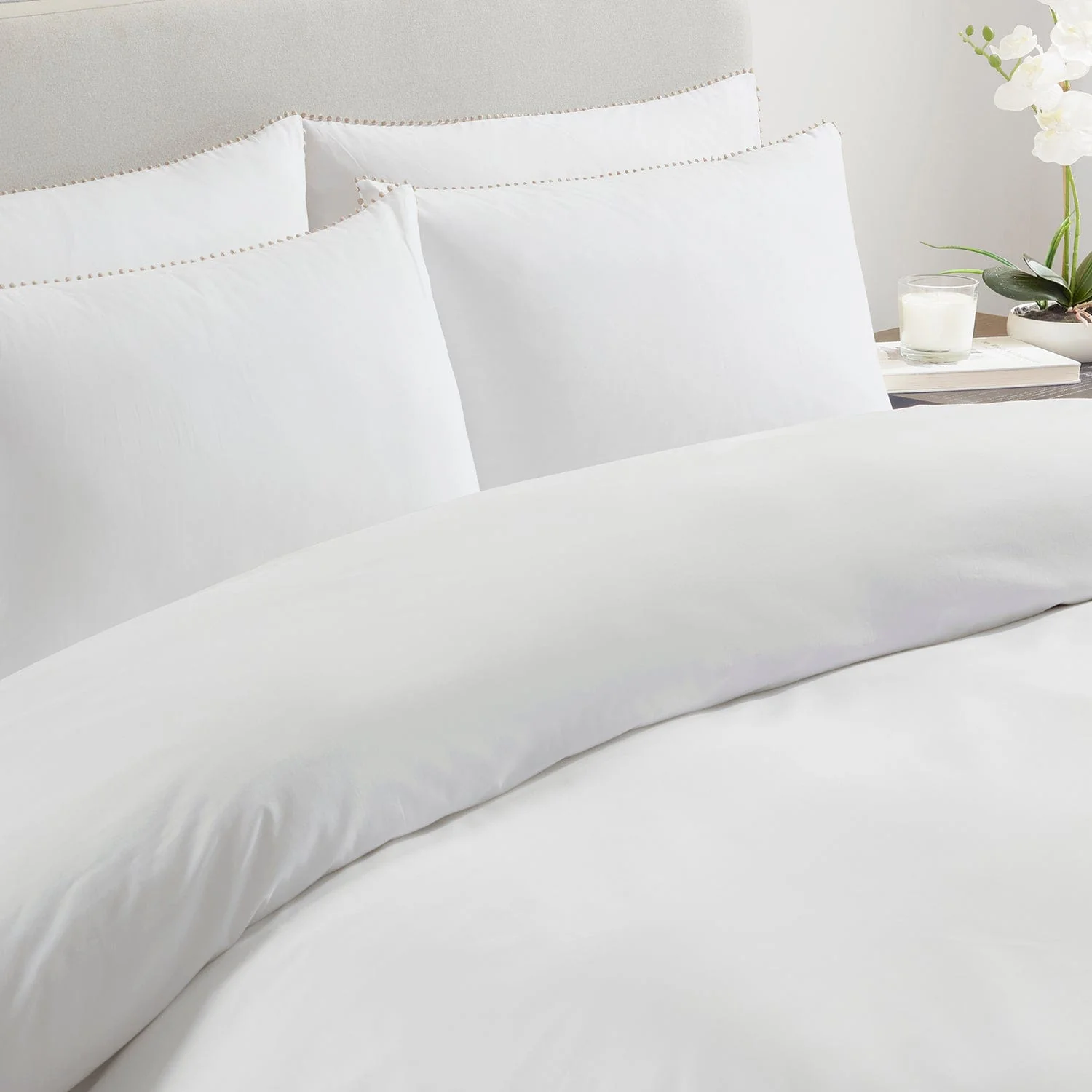Pair Of Girona Pom-Pom Pillowcases - 200 Thread Count - Cotton - White/Natural - Image 3