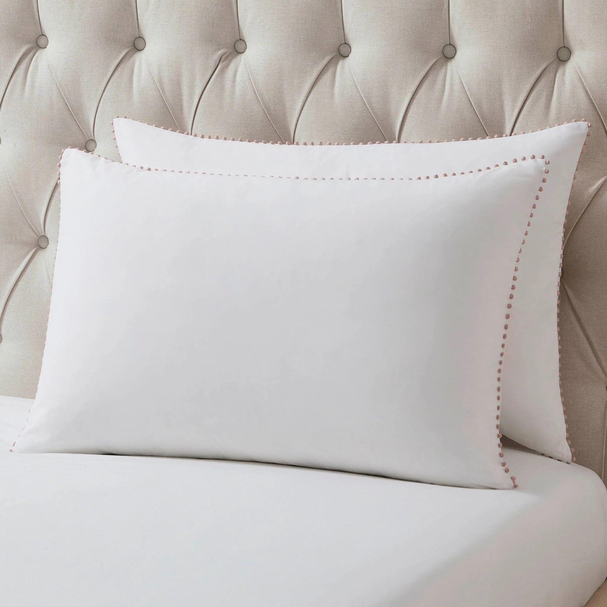 Pair of Girona Pom-Pom Pillowcases - 200 Thread Count - Cotton - White/Pink - Image 4