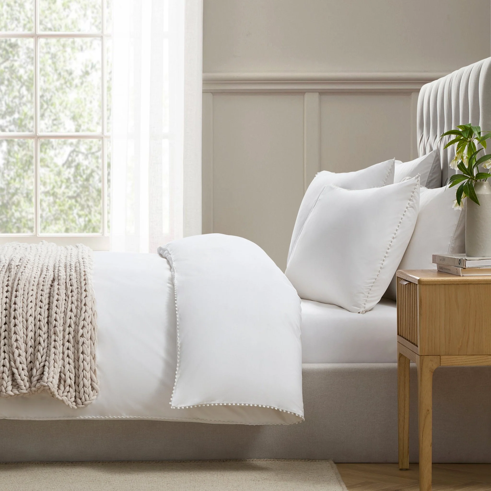 Pair of Girona Pom-Pom Pillowcases - 200 Thread Count - Cotton - White - Image 4