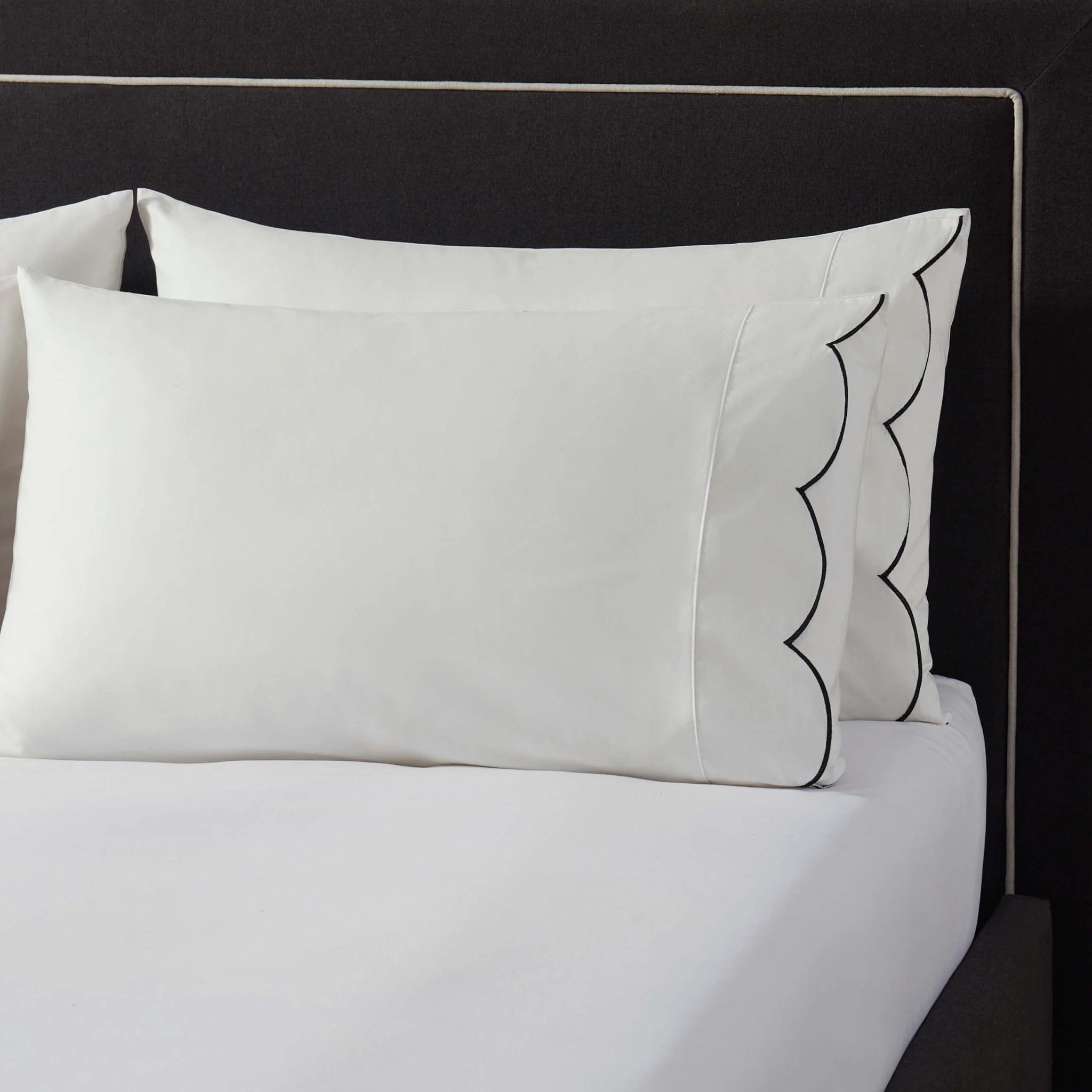 Pair of Simone Scallop Embroidered Edge Classic Pillowcase - Off White/Black - Image 2