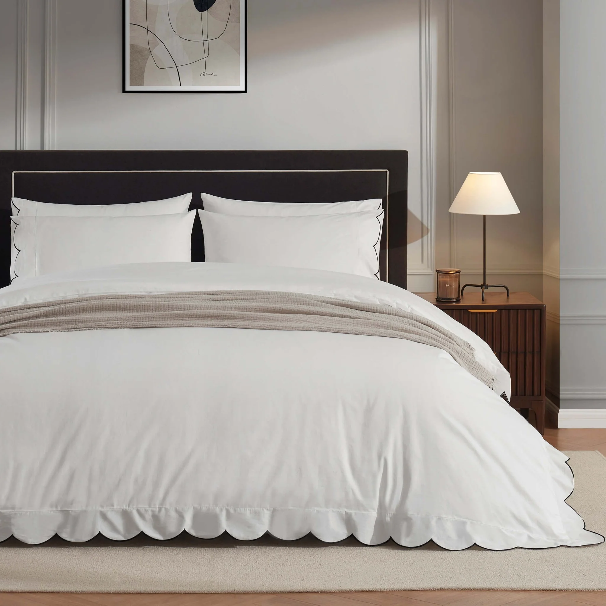 Simone 220 Thread Count Scallop Embroidered Edge Duvet Cover - Off White/Black