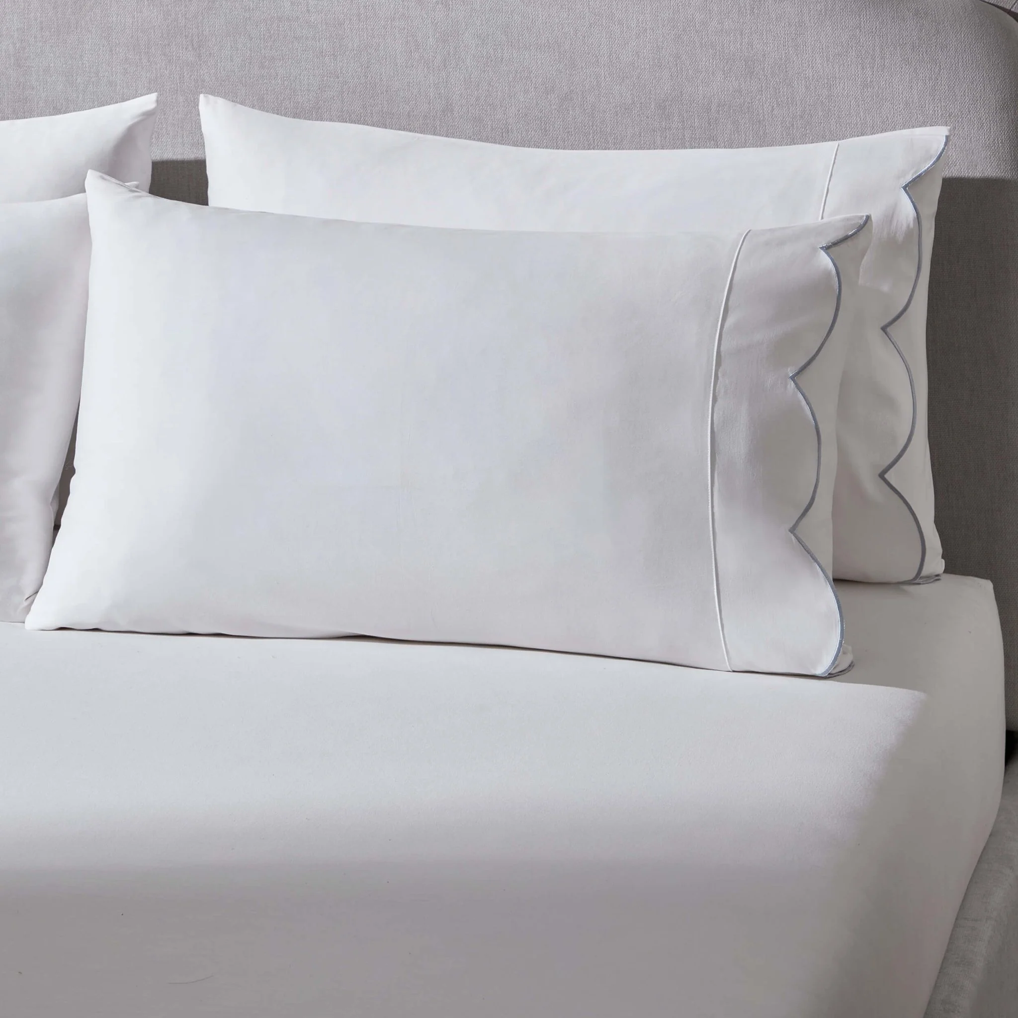 Pair of Simone Scallop Embroidered Edge Classic Pillowcase - White/Blue - Image 2