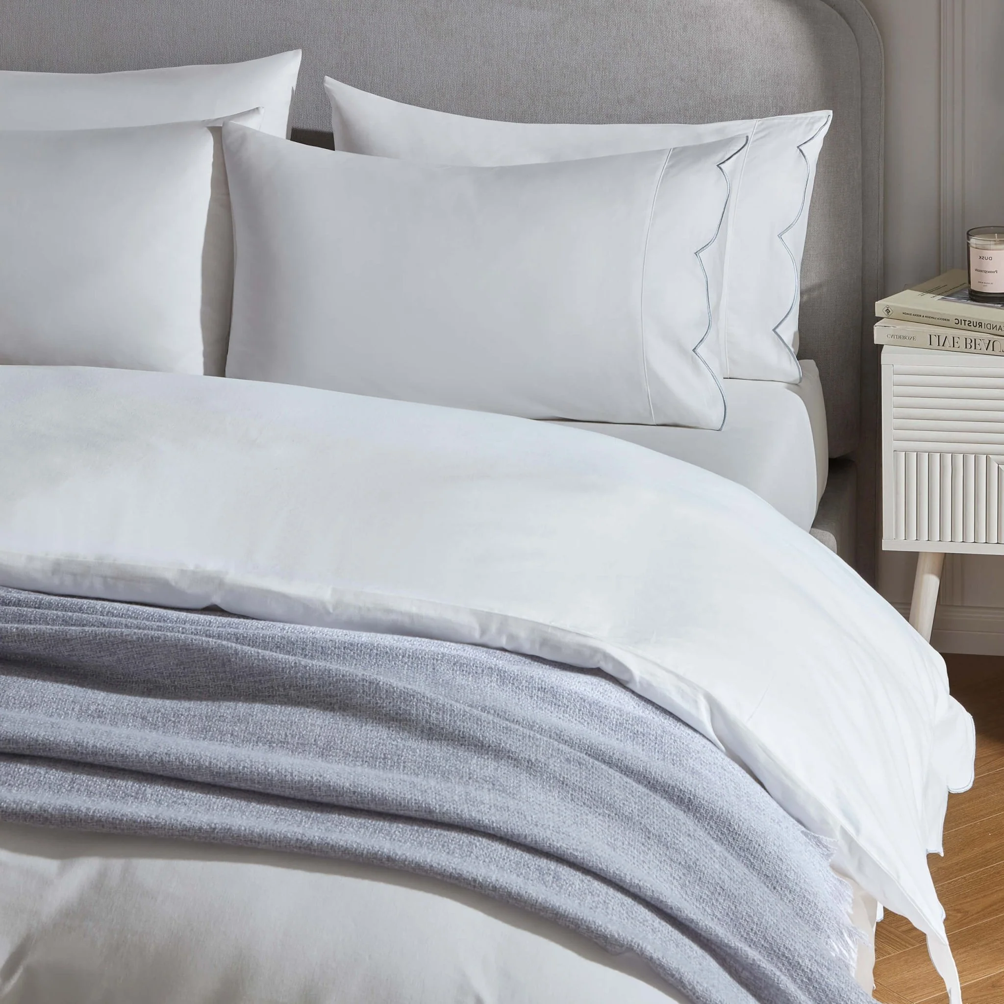 Simone 220 Thread Count Scallop Embroidered Edge Duvet Cover - White/Blue - Image 3