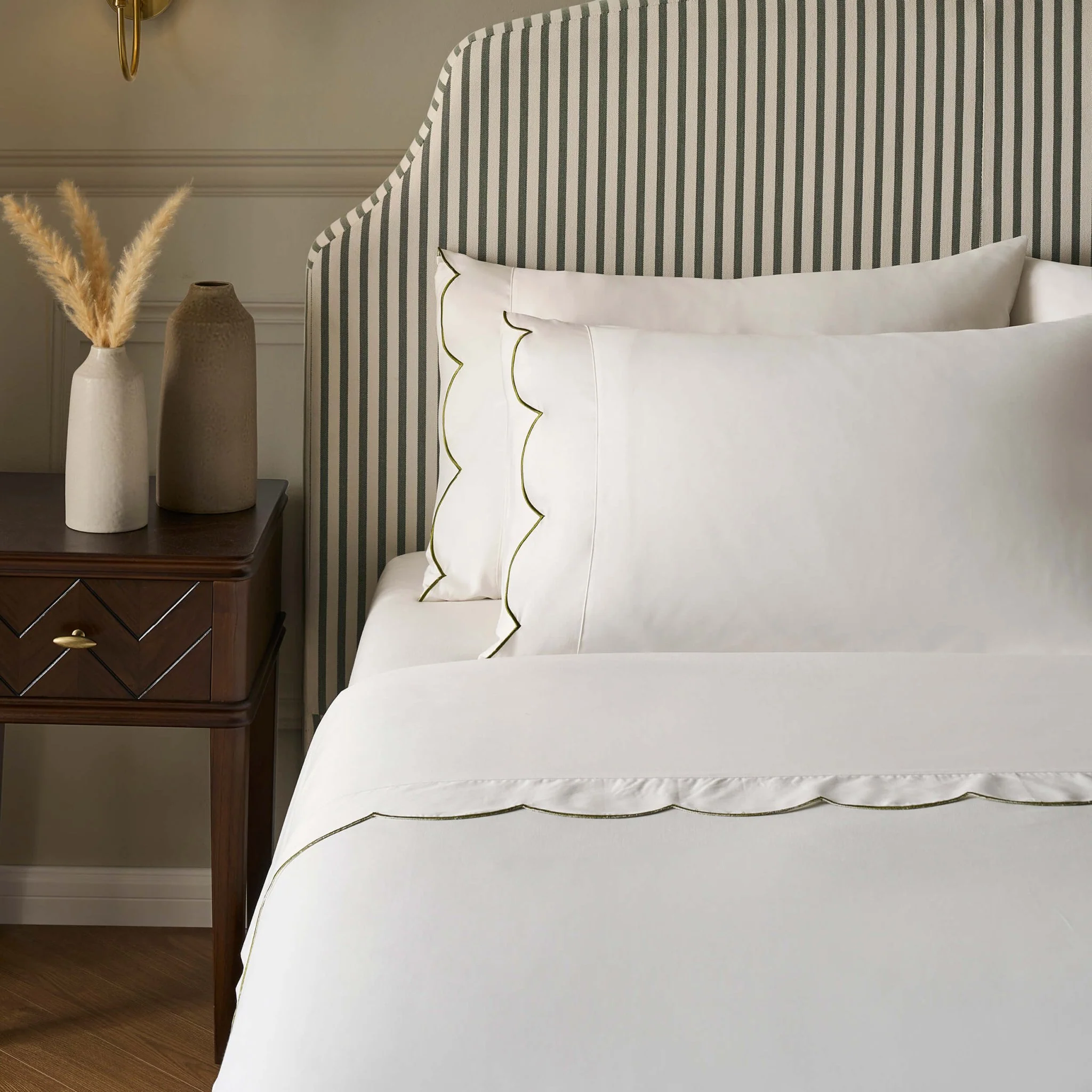 Pair of Simone Scallop Embroidered Edge Classic Pillowcases - Off White/Olive - Image 3