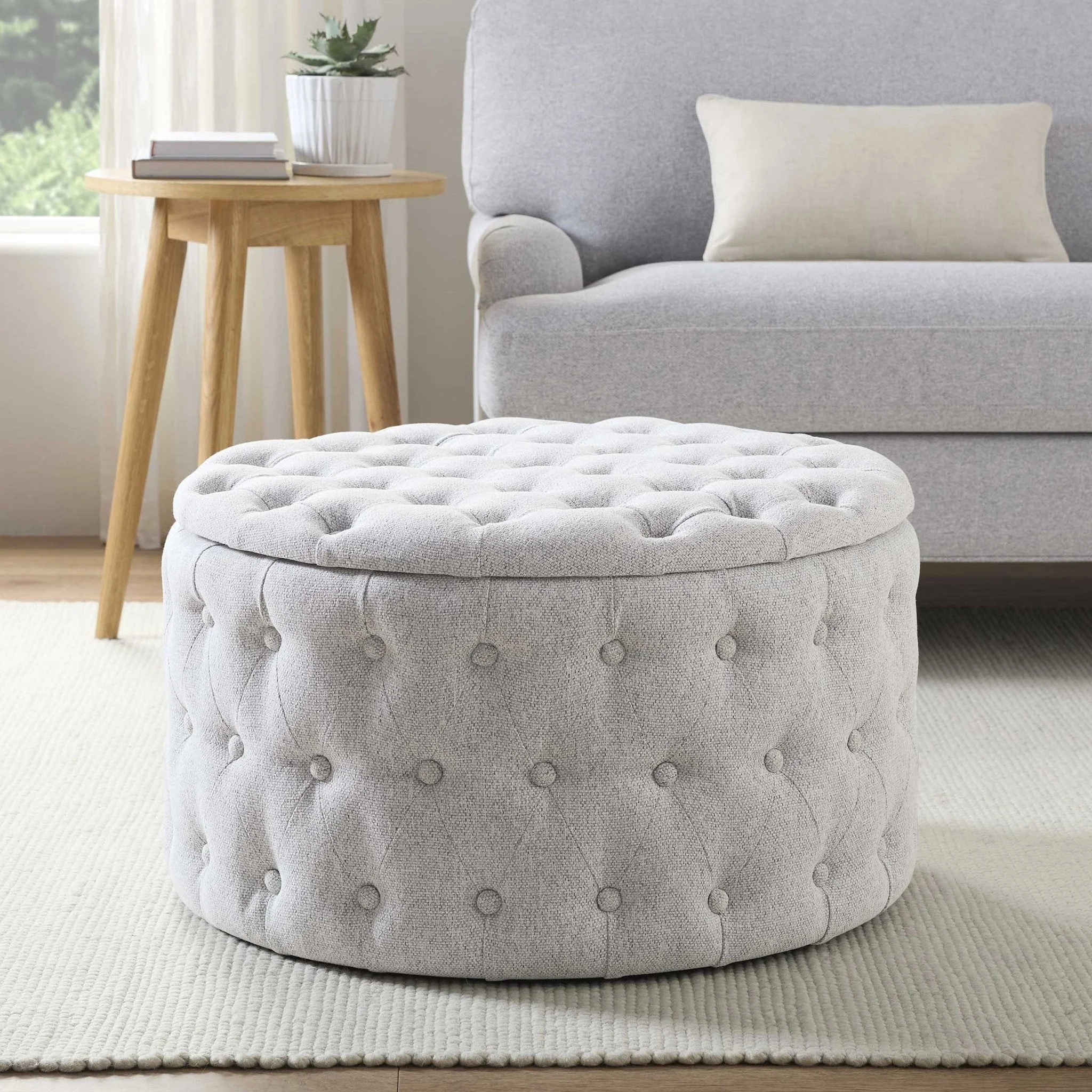 Paisley Buttoned Round Storage Pouffe - Light Grey