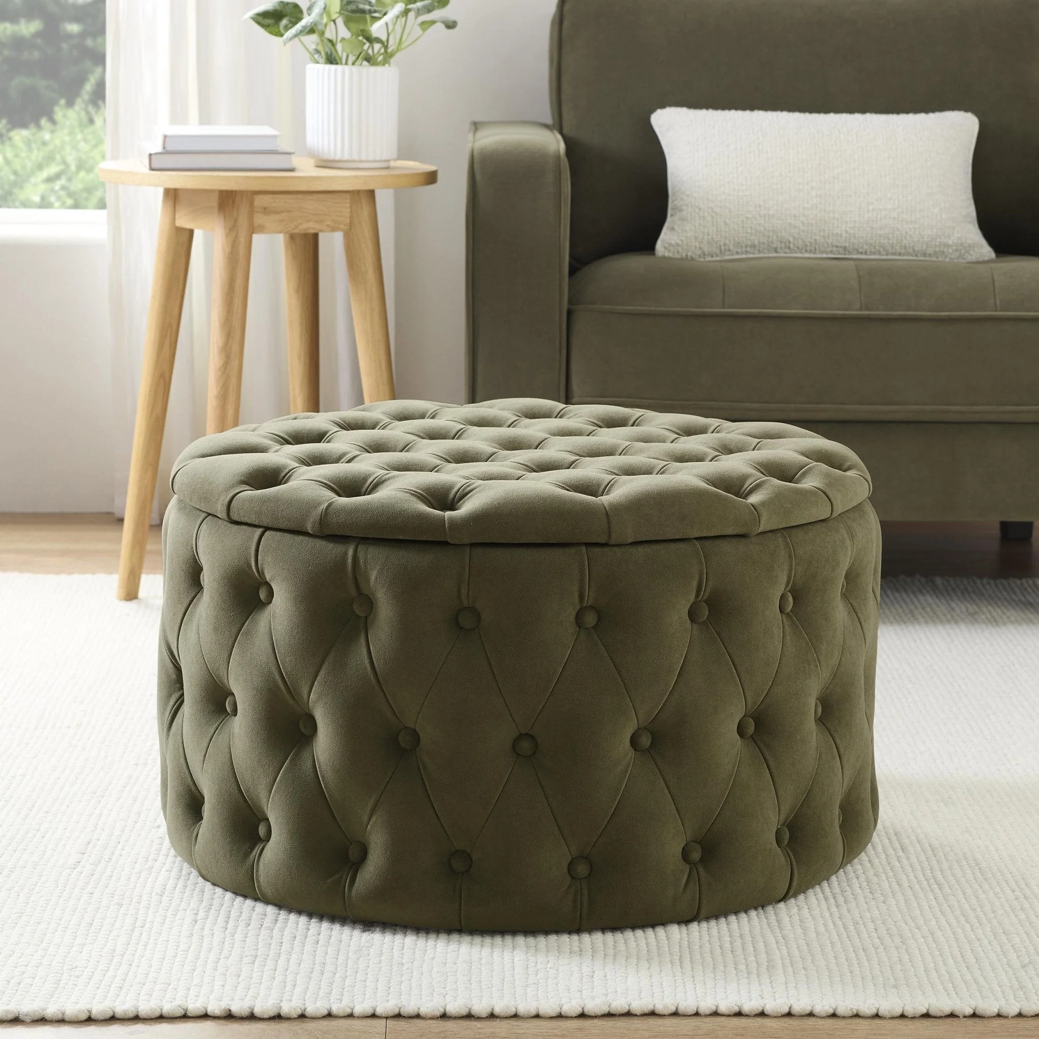 Paisley Buttoned Round Storage Pouffe - Olive