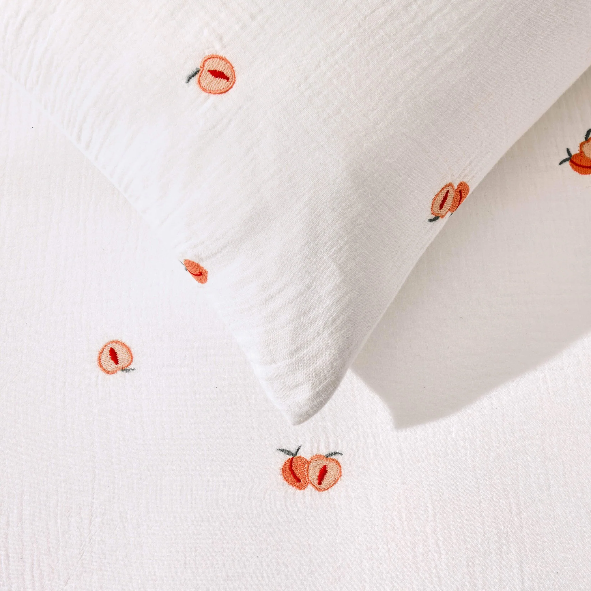 Peach Embroidery 100% Cotton Muslin Duvet Cover & Pillowcase Set - White - Image 3
