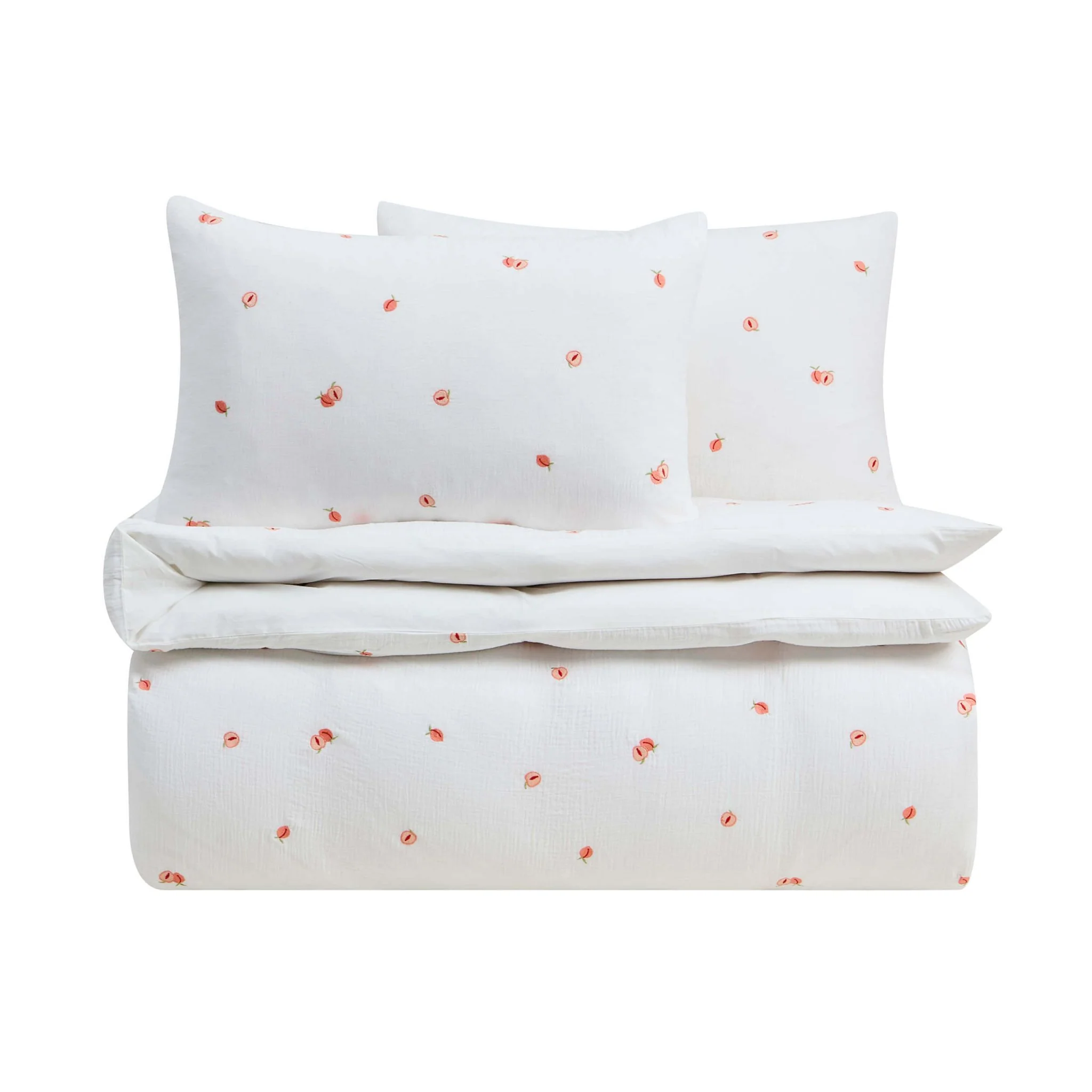 Peach Embroidery 100% Cotton Muslin Duvet Cover & Pillowcase Set - White - Image 8