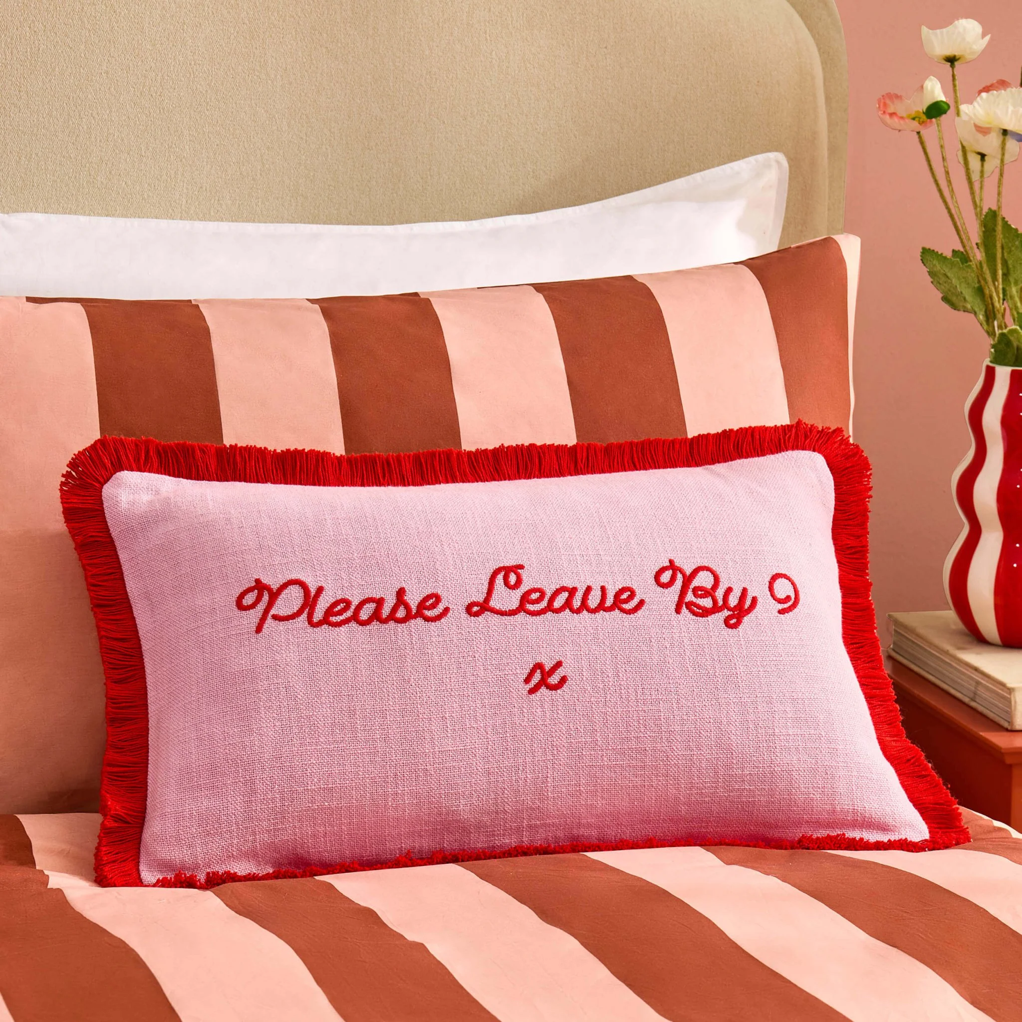 Please Leave By 9 Tufted Cushion Cover - Pink/ Red