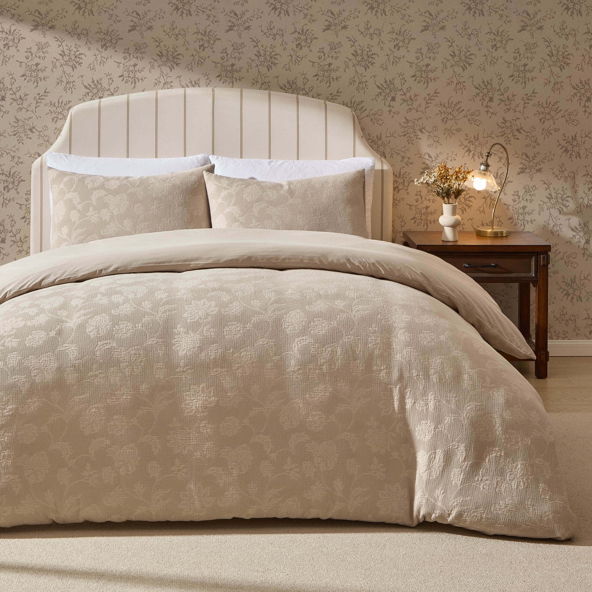 Portia Jacquard Waffle Duvet Cover & Pillowcase Set - Stone - Image 3