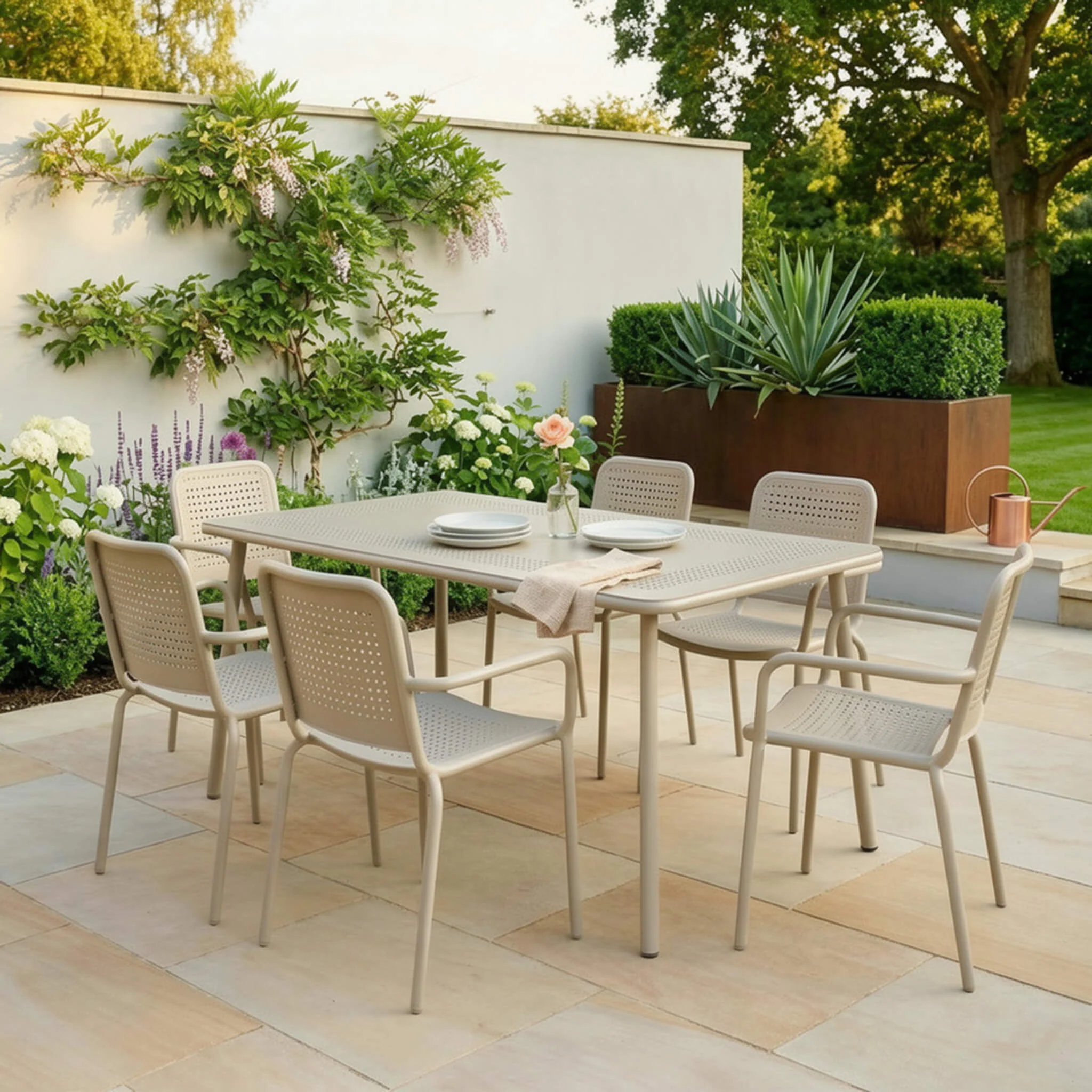 Porto Outdoor 6 Seater Rectangular Dining Table and Stacking Chairs - Champagne