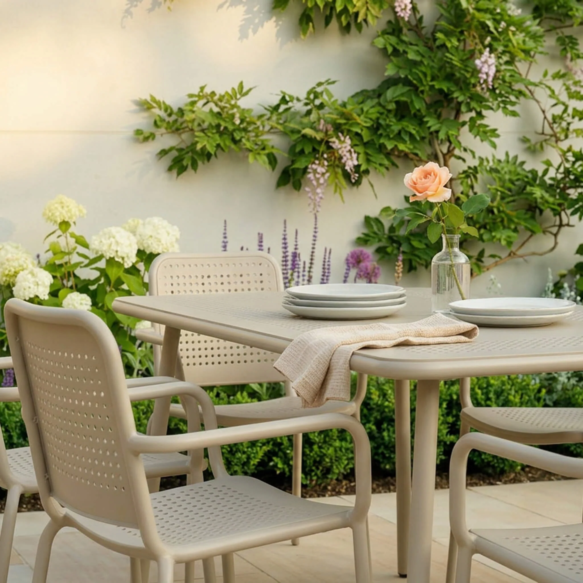 Porto Outdoor 6 Seater Rectangular Dining Table and Stacking Chairs - Champagne - Image 2
