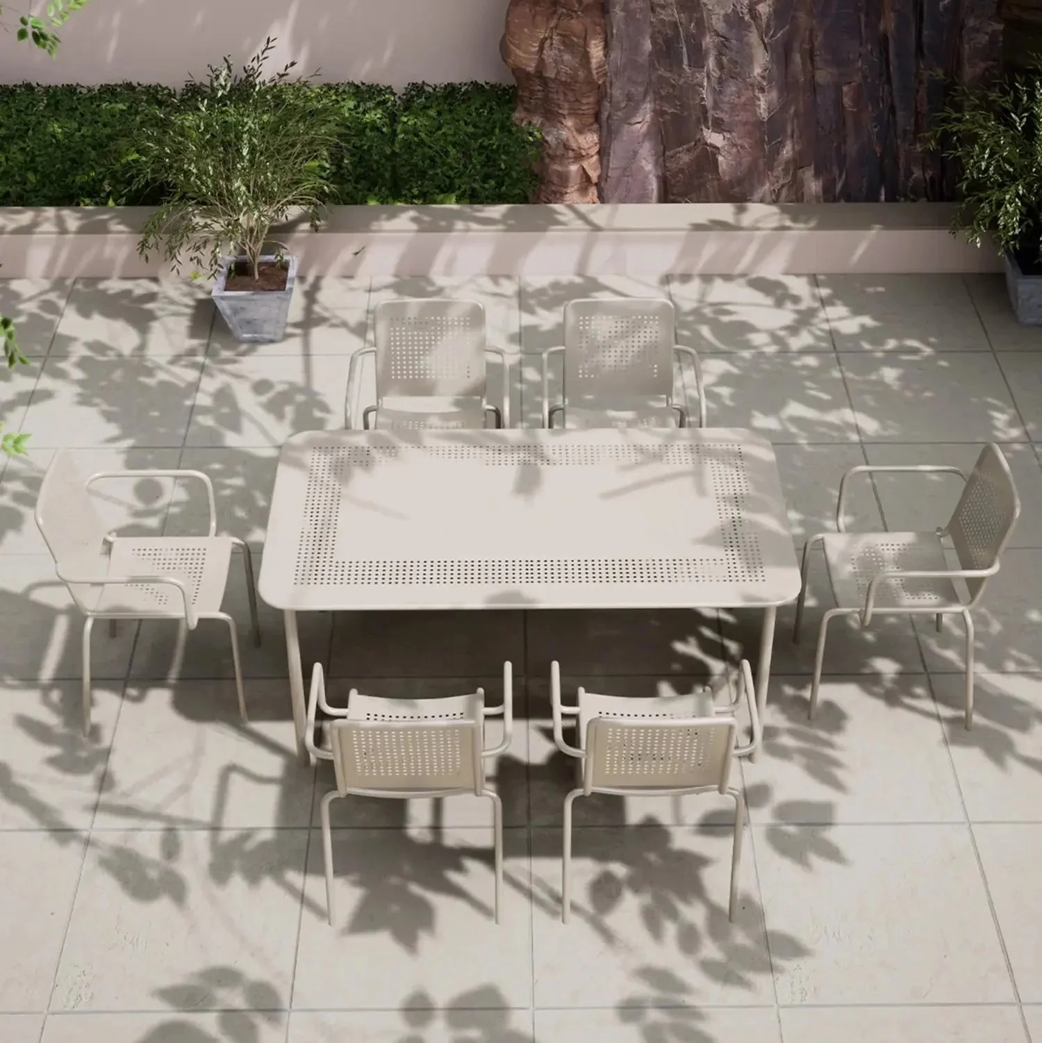 Porto Outdoor 6 Seater Rectangular Dining Table and Stacking Chairs - Champagne - Image 3