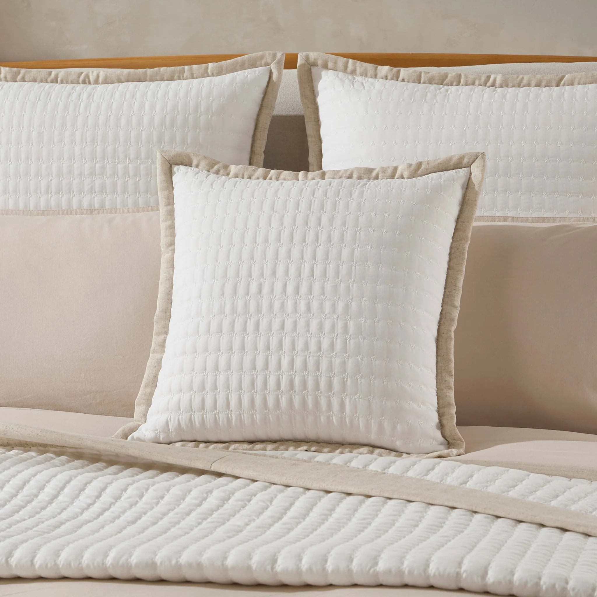 Portobello Embroidered Linen Edge Cushion Cover - White/Natural