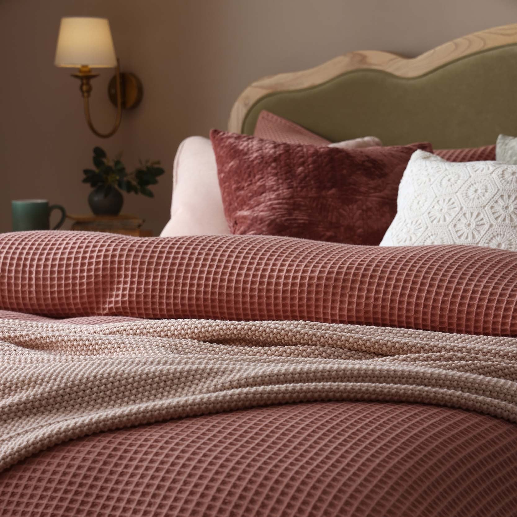 Portofino Waffle 100% Cotton Duvet Cover 200 Thread Count - Blush - Image 4