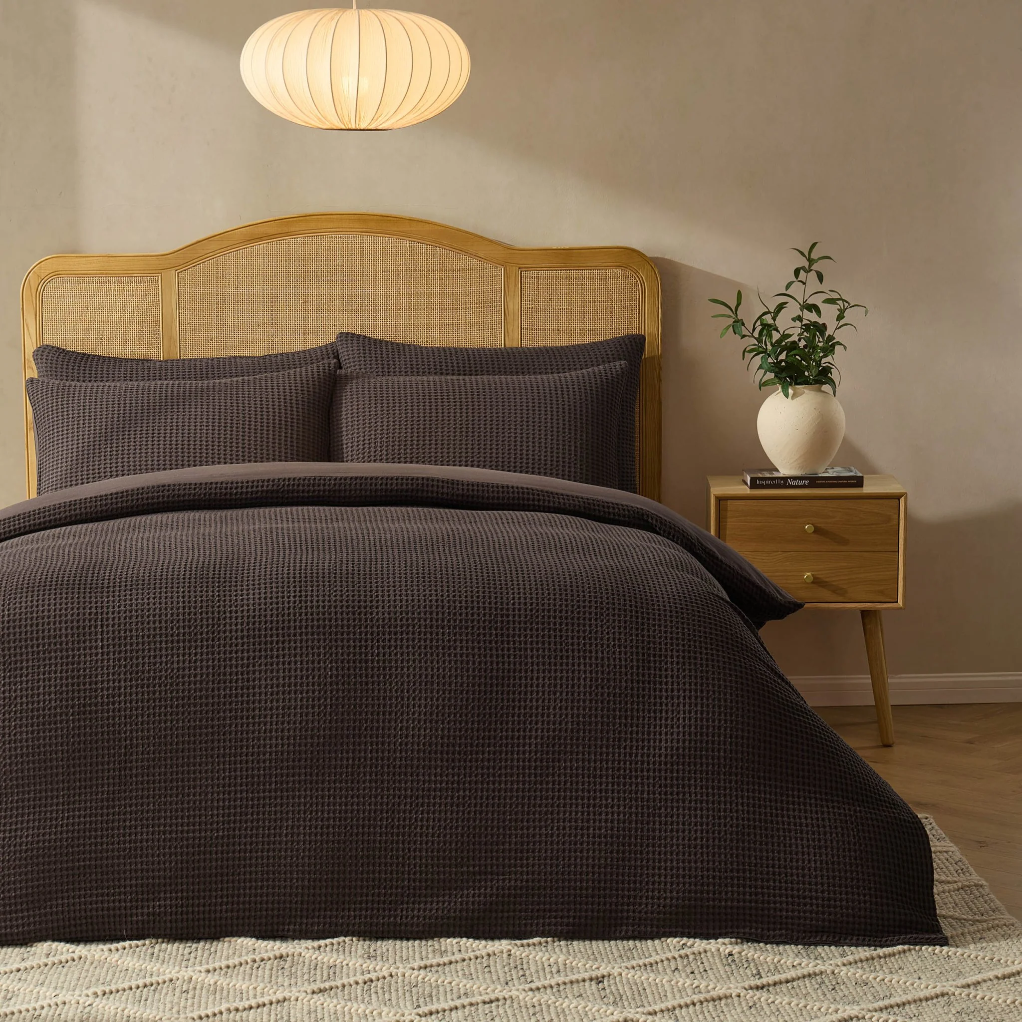 Portofino Waffle 100% Cotton Duvet Cover 200 Thread Count - Chocolate - Image 2