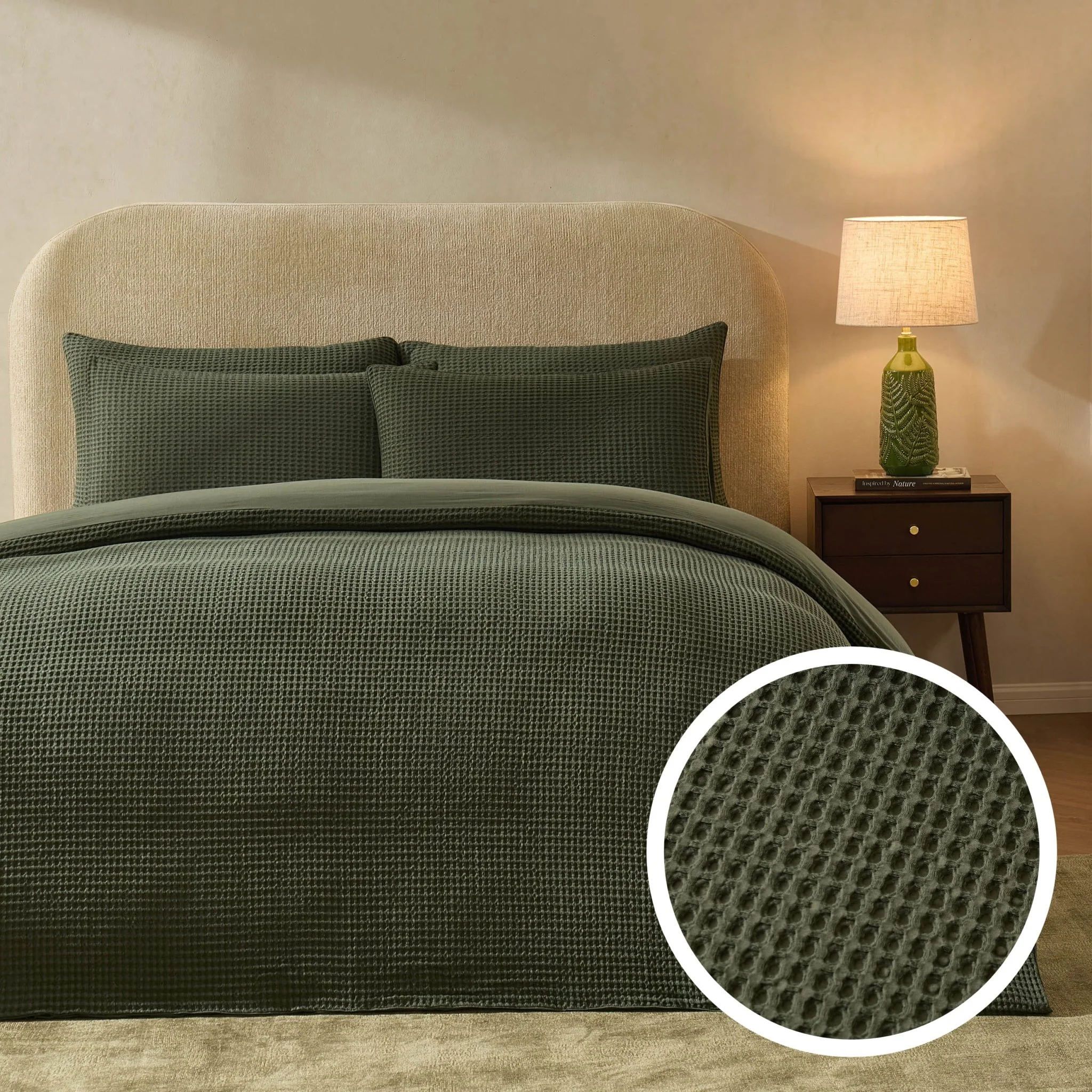 Portofino Waffle 100% Cotton Duvet Cover 200 Thread Count - Forest Green