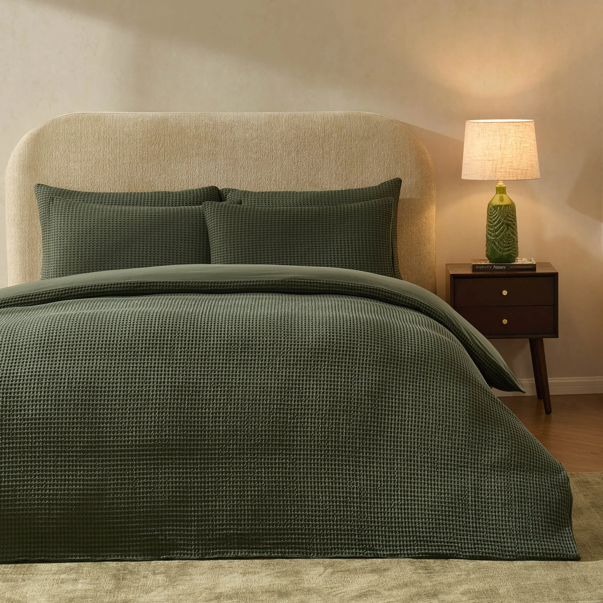 Portofino Waffle 100% Cotton Duvet Cover 200 Thread Count - Forest Green - Image 2