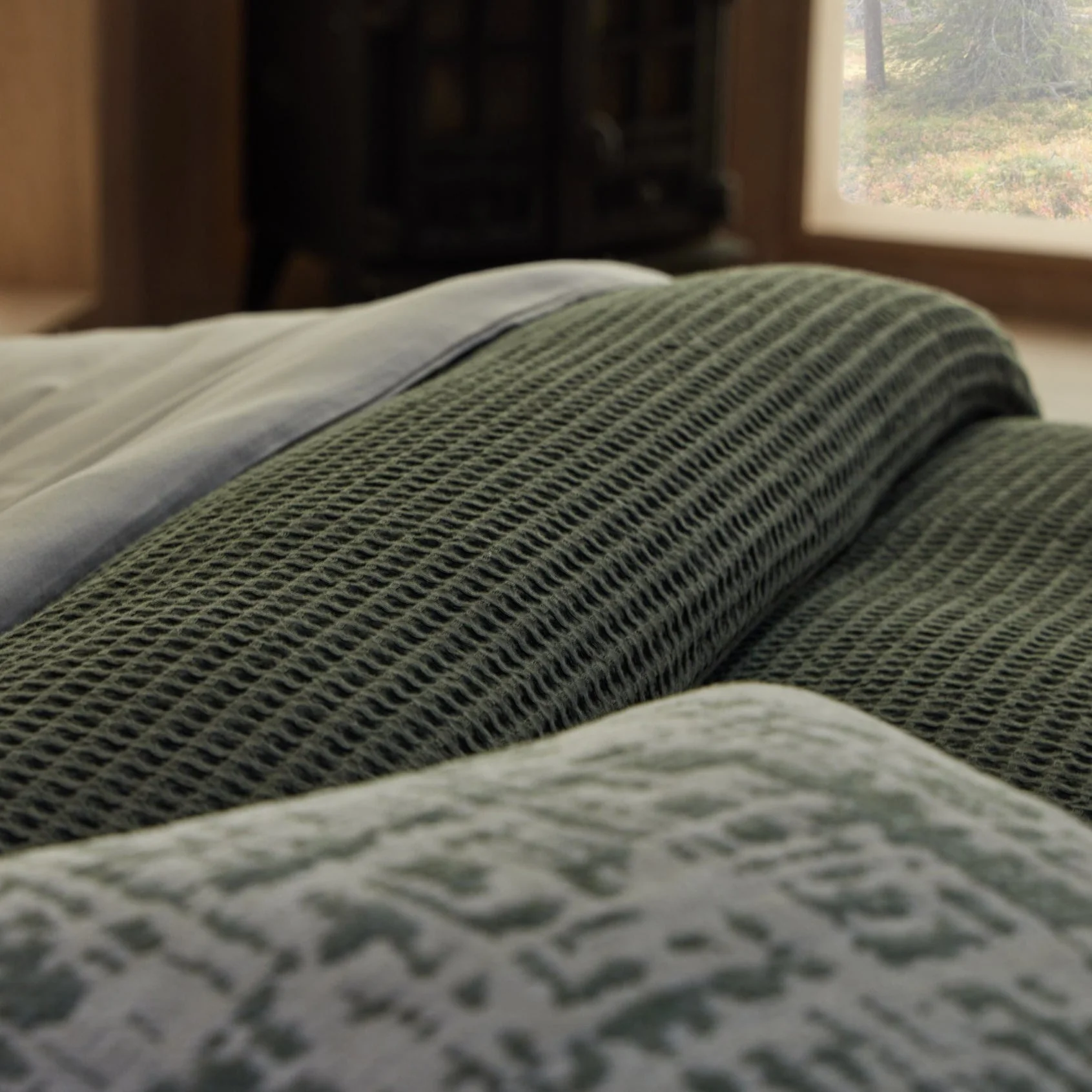 Portofino Waffle 100% Cotton Duvet Cover 200 Thread Count - Forest Green - Image 6
