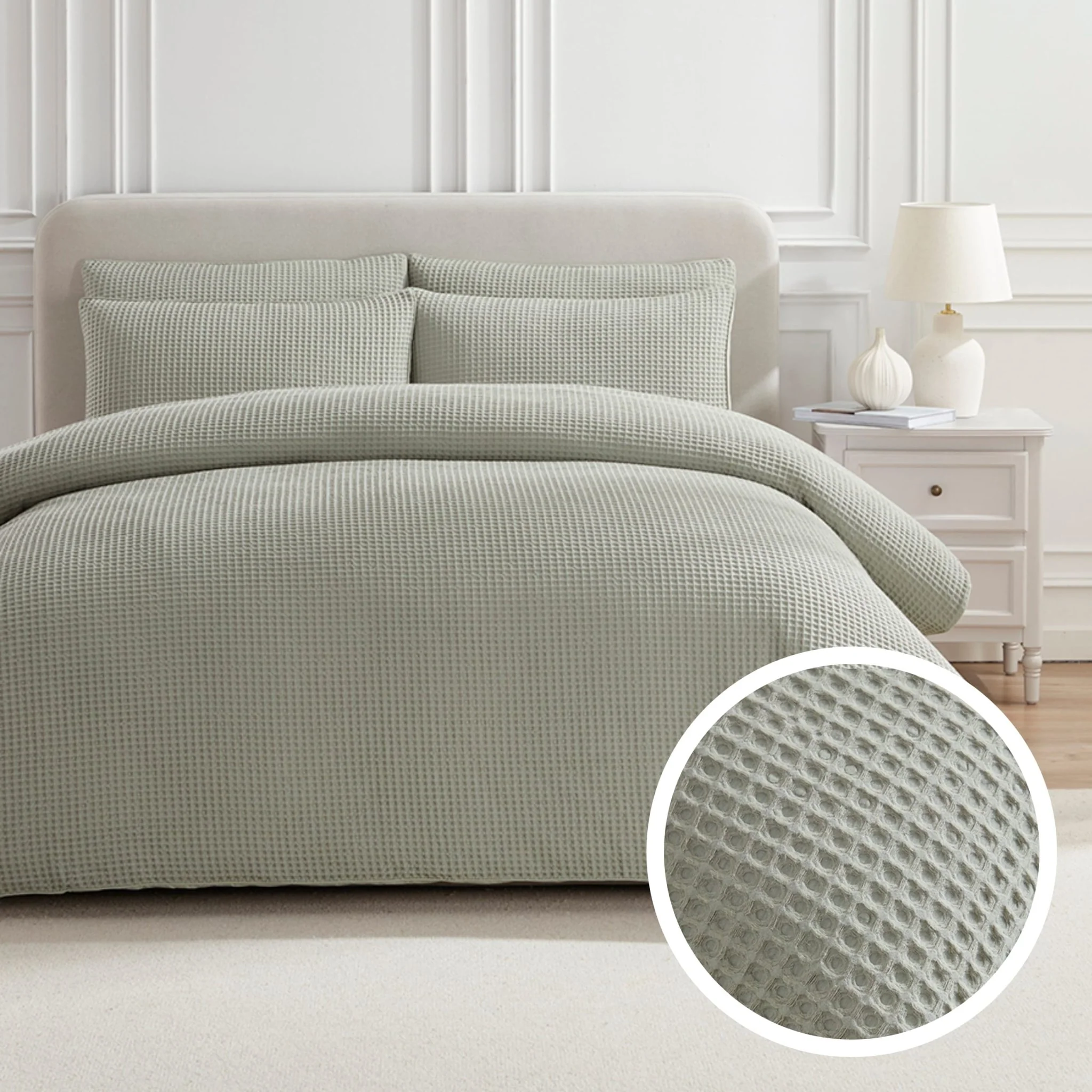 Portofino Waffle 100% Cotton Duvet Cover 200 Thread Count - Sage Green