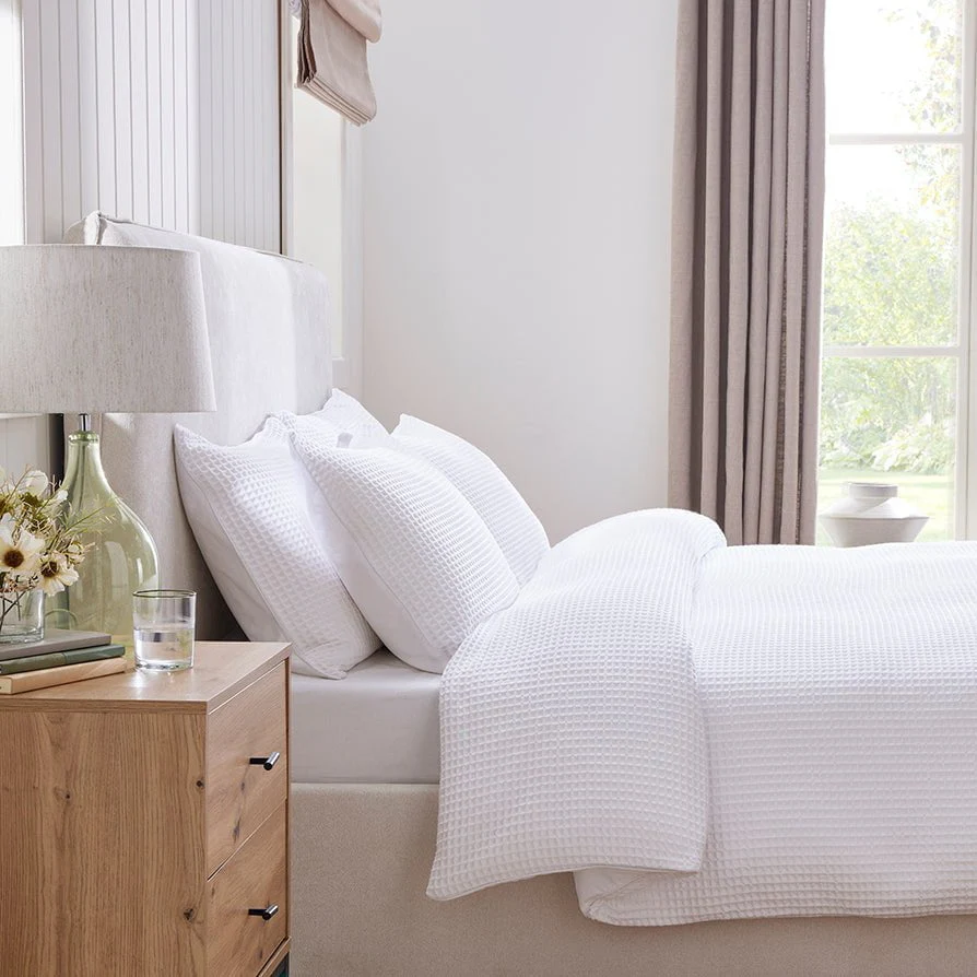 Portofino Waffle 100% Cotton Duvet Cover 200 Thread Count - White - Image 7