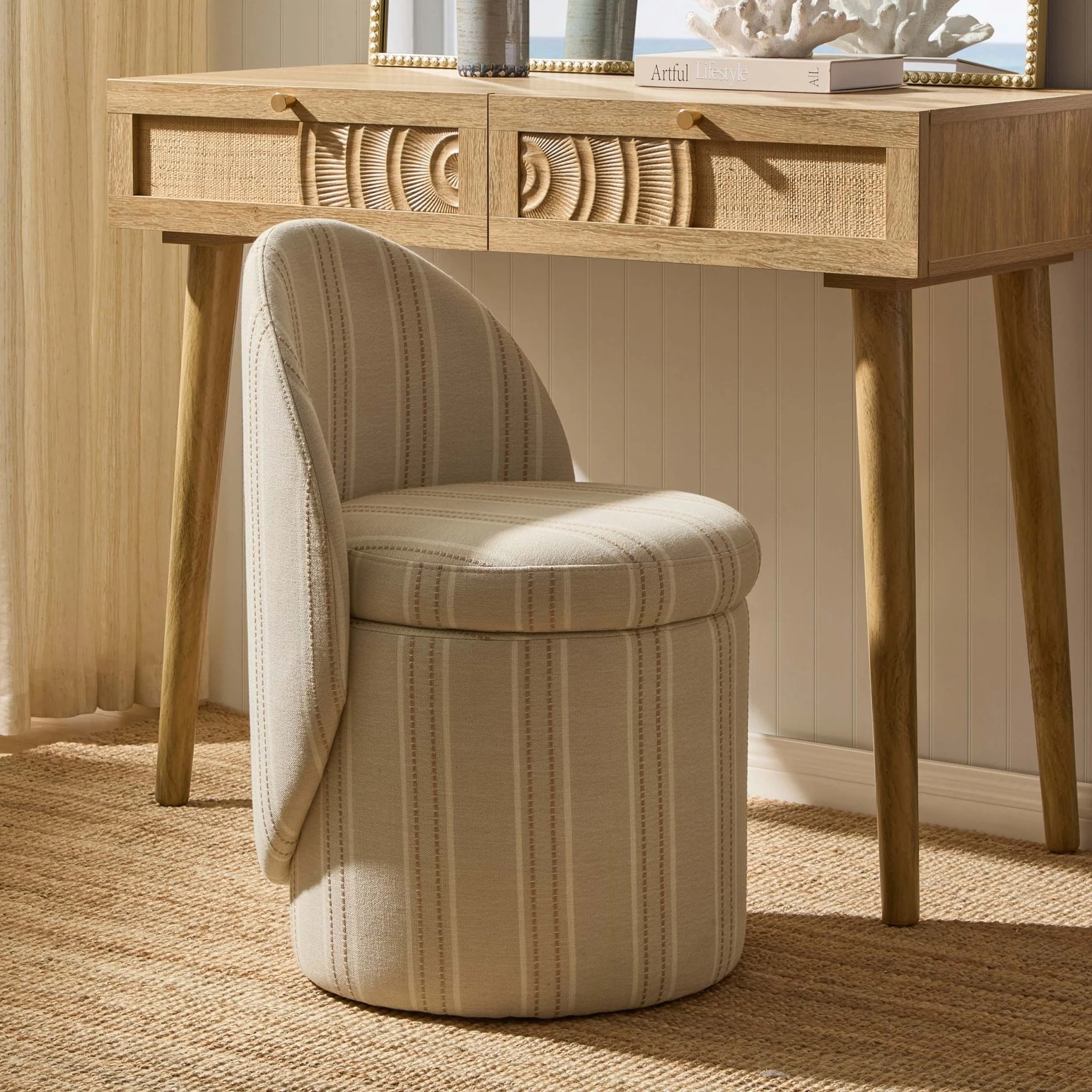 Primrose Dressing Table Storage Stool - Natural Stitched Stripe