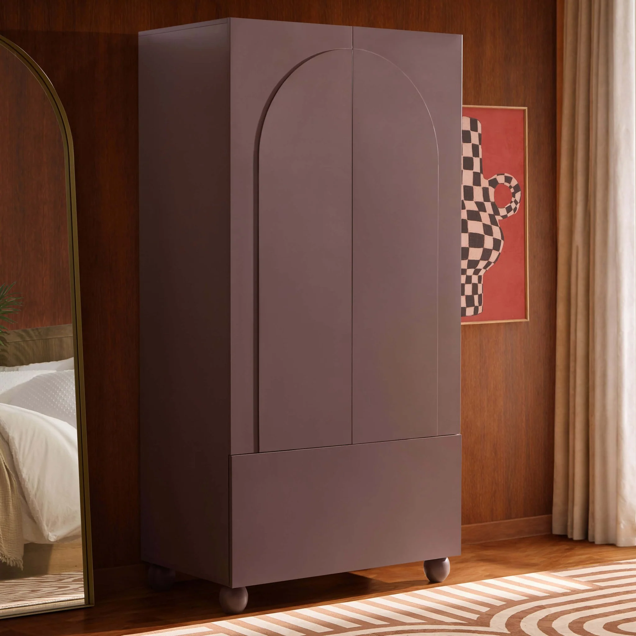 Rachel Arch Front 2 Door Wardrobe with Drawer - Mocha