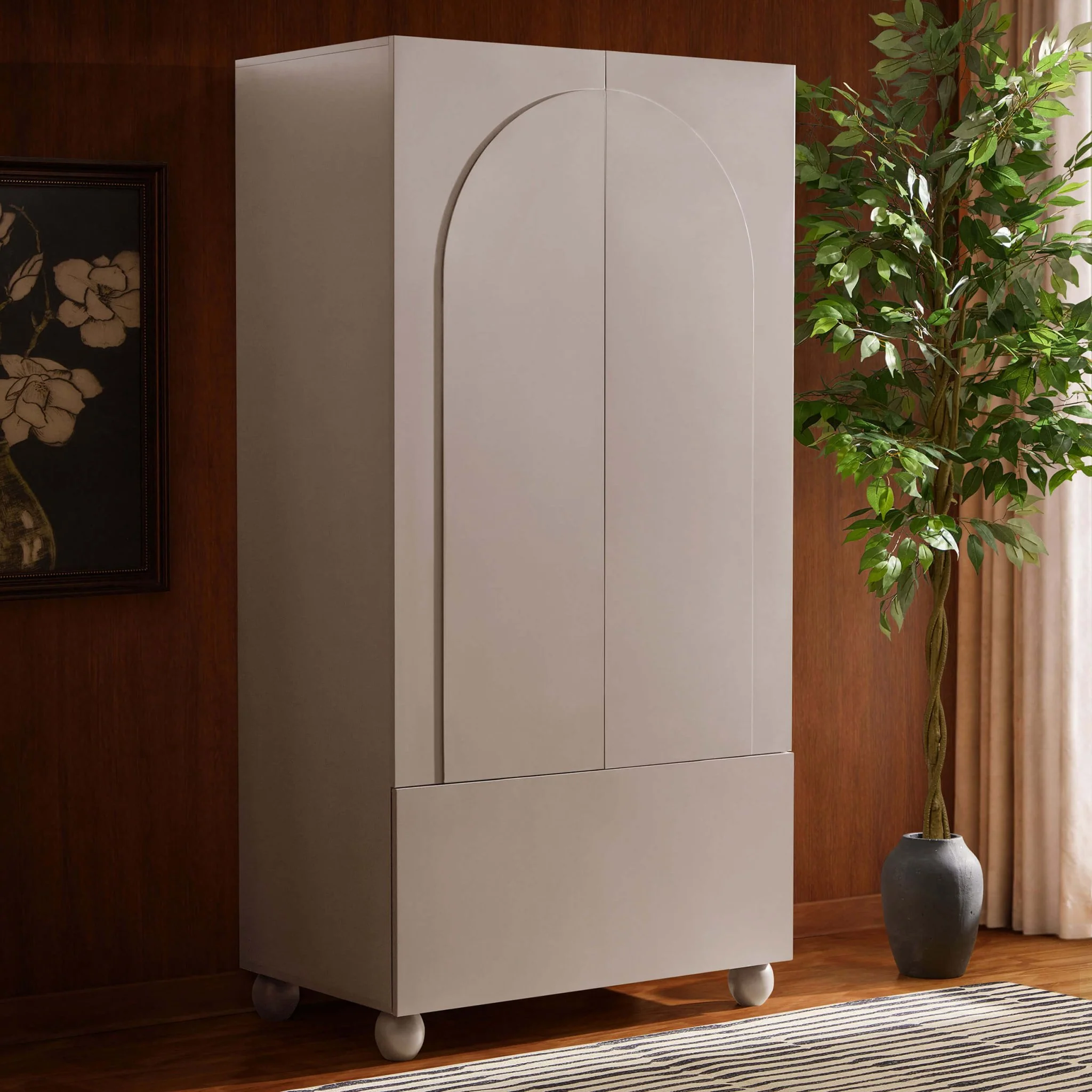 Rachel Arch Front 2 Door Wardrobe with Drawer - Taupe