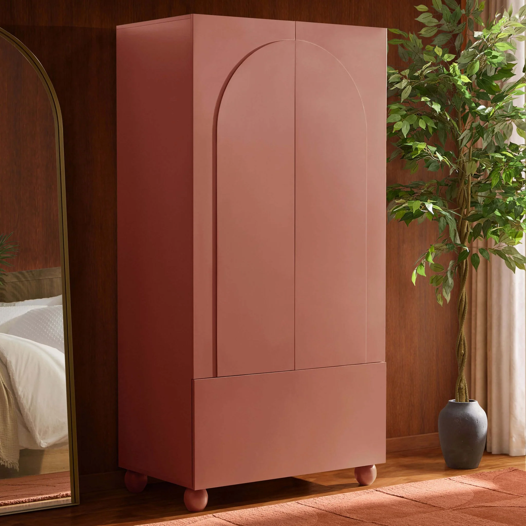 Rachel Arch Front 2 Door Wardrobe with Drawer - Terracotta