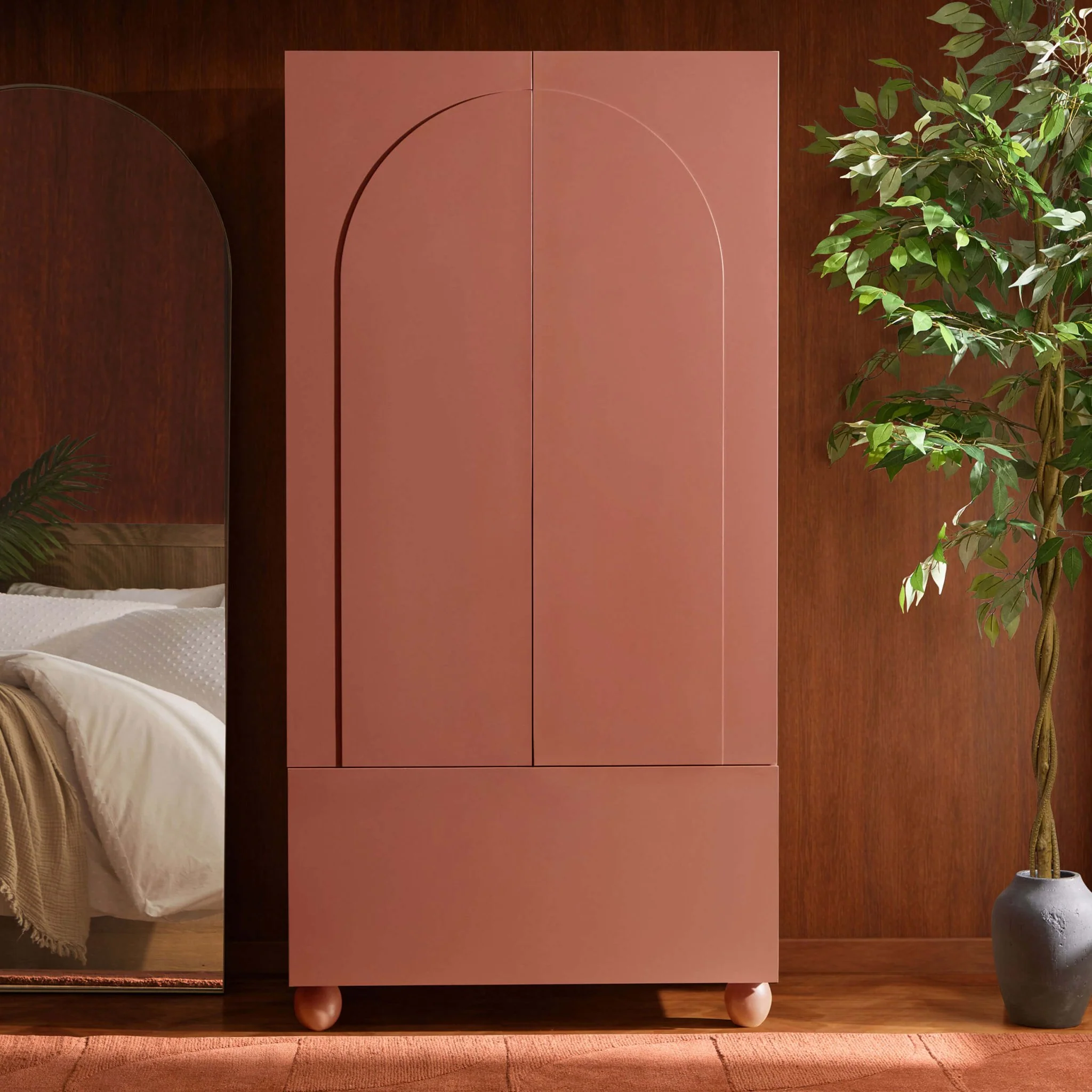 Rachel Arch Front 2 Door Wardrobe with Drawer - Terracotta - Image 2