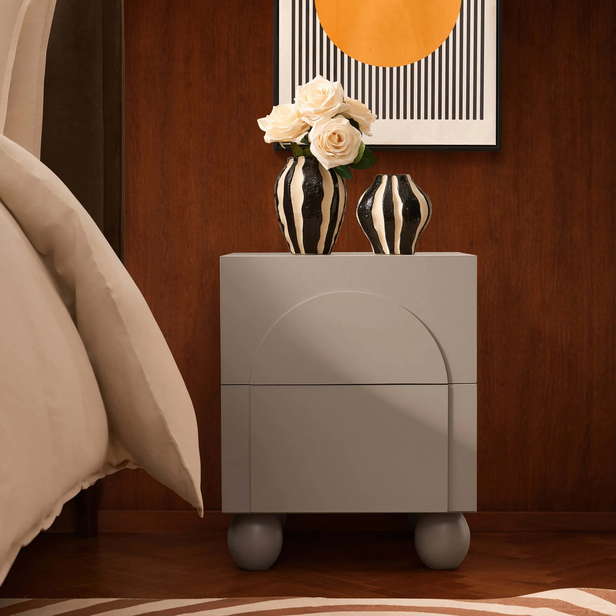 Rachel Arch Front 2 Drawer Bedside Table - Taupe