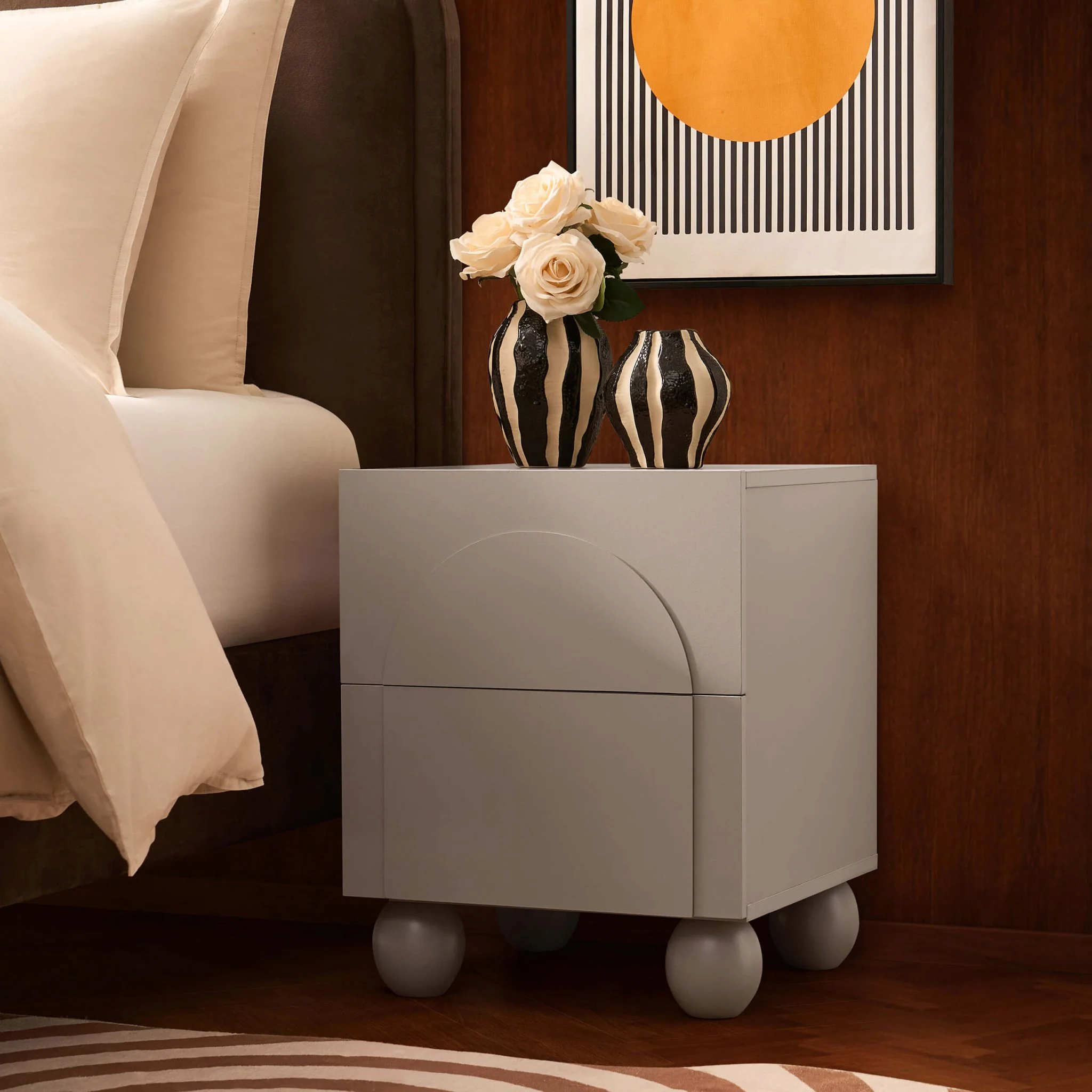 Rachel Arch Front 2 Drawer Bedside Table - Taupe - Image 2