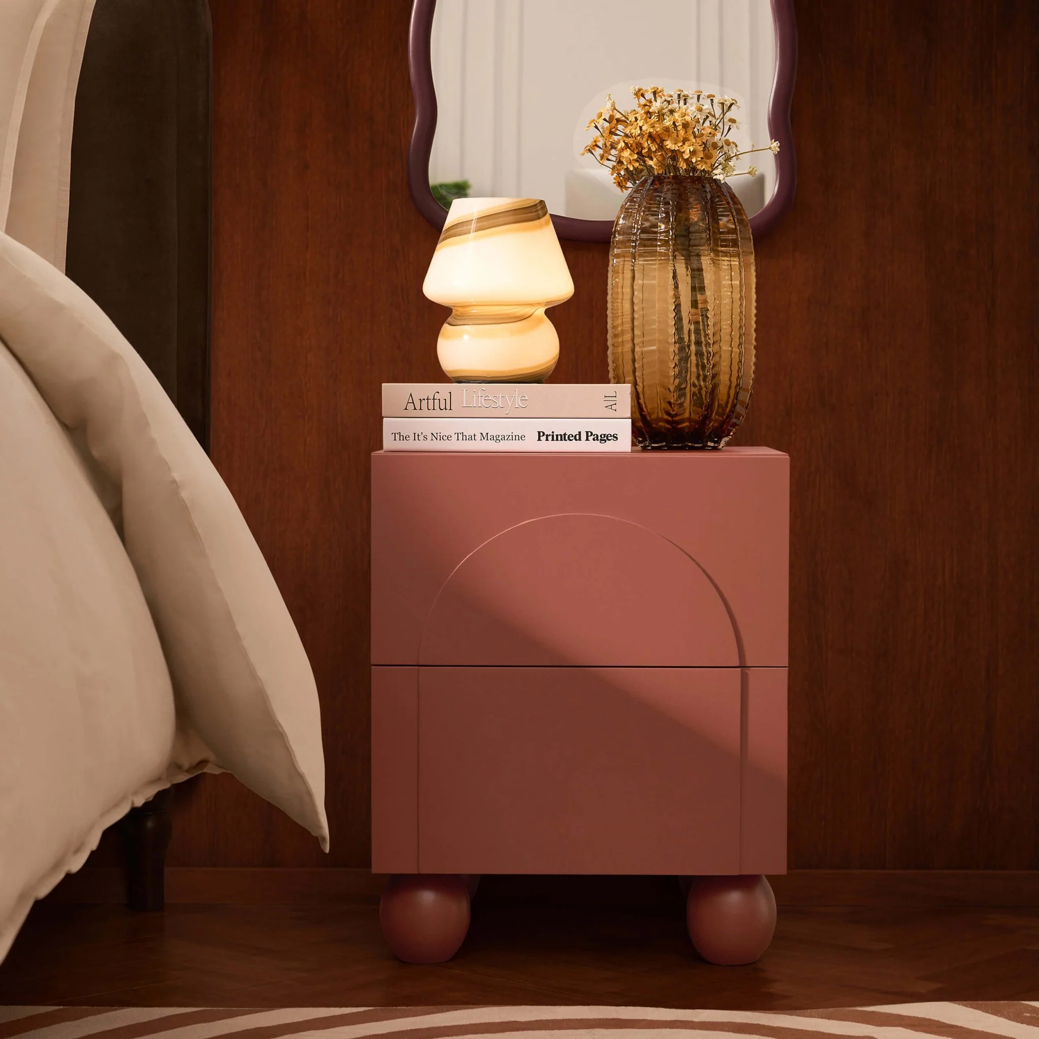 Rachel Arch Front 2 Drawer Bedside Table - Terracotta