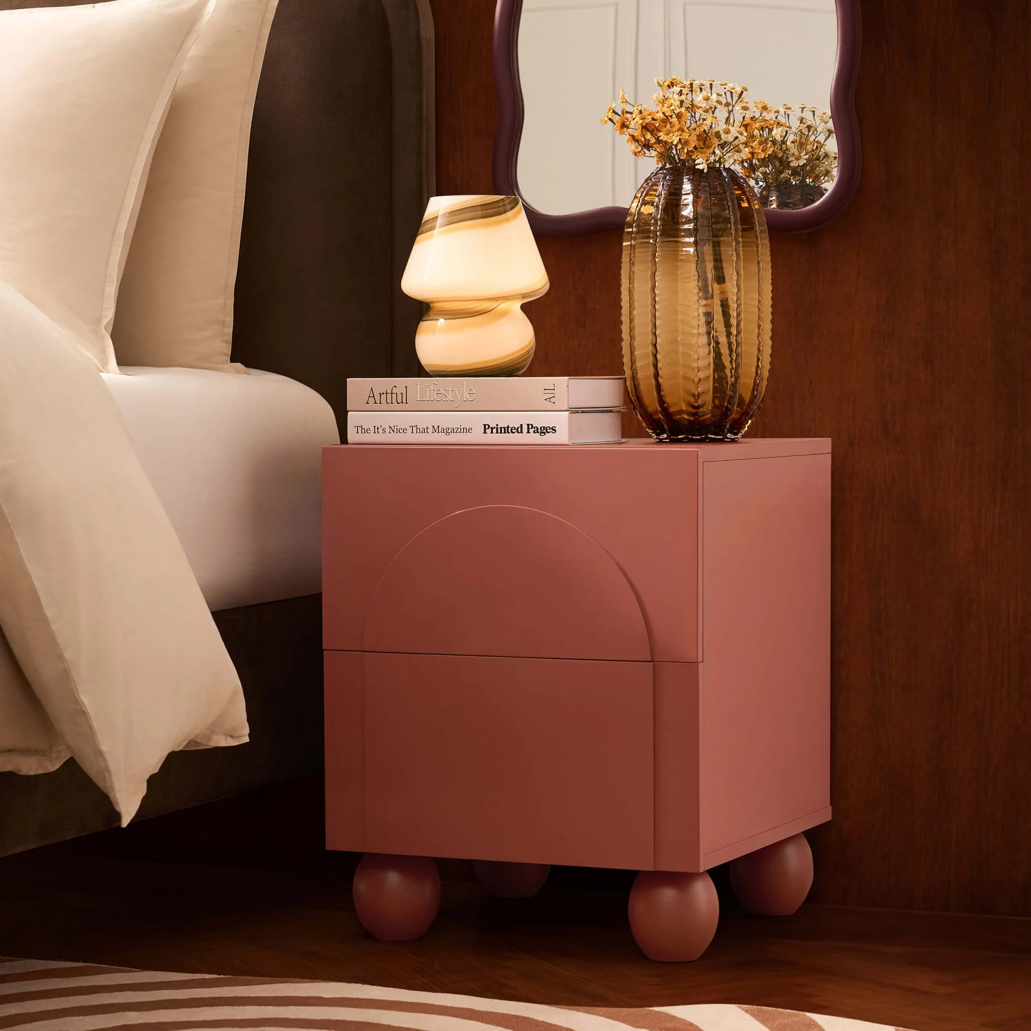 Rachel Arch Front 2 Drawer Bedside Table - Terracotta - Image 2