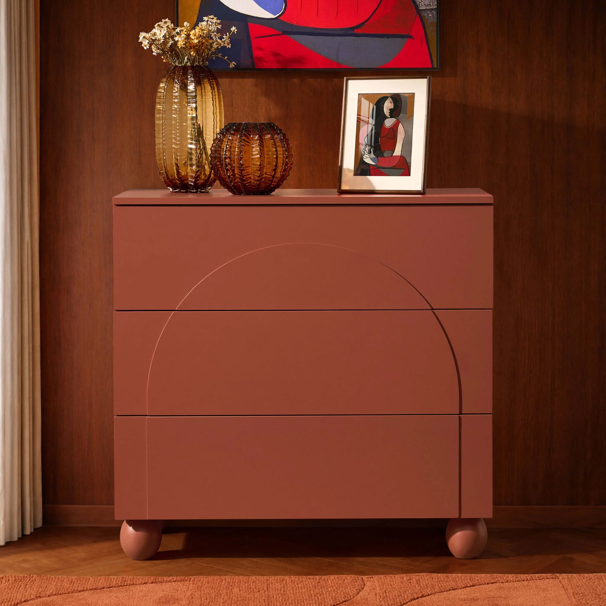 Rachel Arch Front 3 Drawer Chest - Terracotta