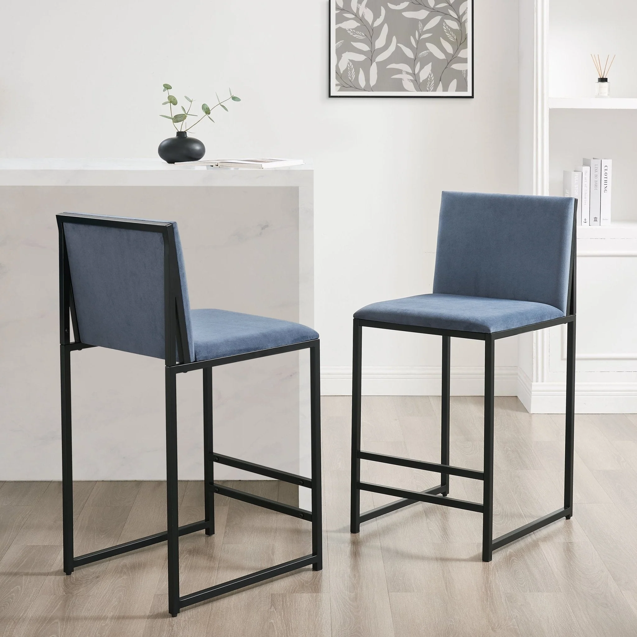 Rae Set Of 2 Barstools - Velvet - Blue
