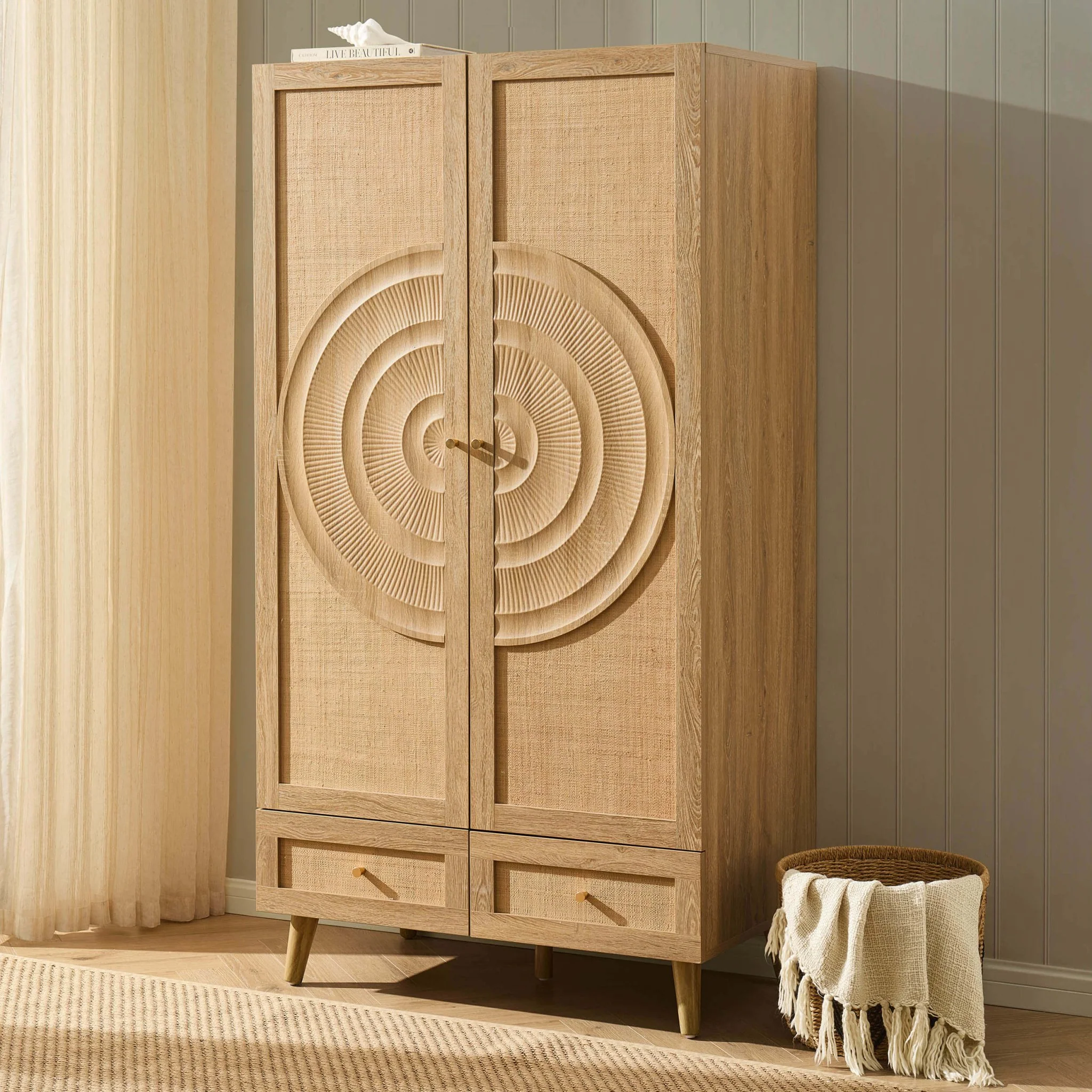 Raven Rattan 2 Door Wardrobe with Drawers - Light Wood