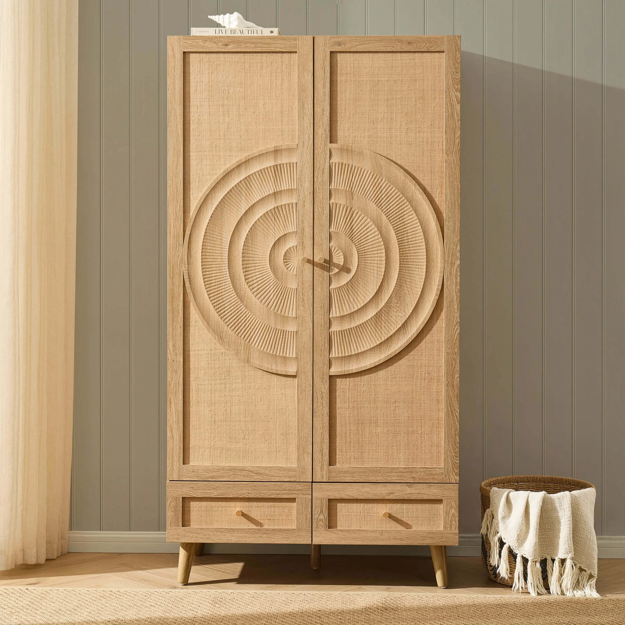Raven Rattan 2 Door Wardrobe with Drawers - Light Wood - Image 2