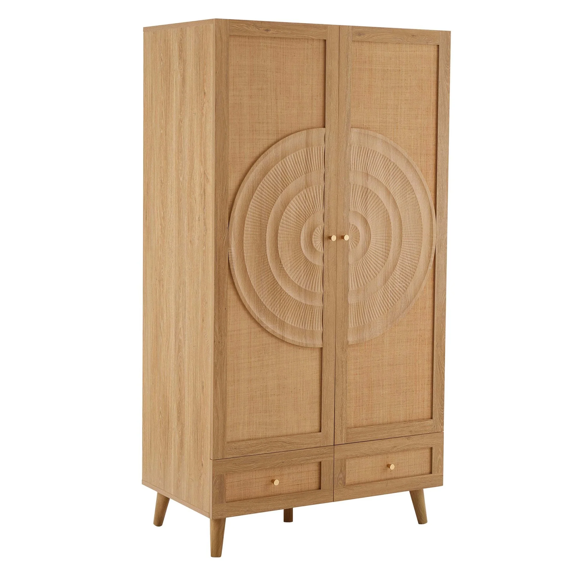 Raven Rattan 2 Door Wardrobe with Drawers - Light Wood - Image 3