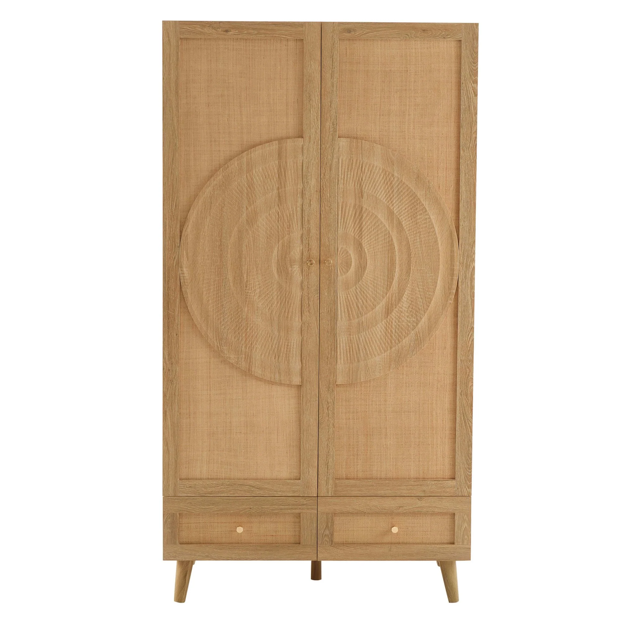 Raven Rattan 2 Door Wardrobe with Drawers - Light Wood - Image 4
