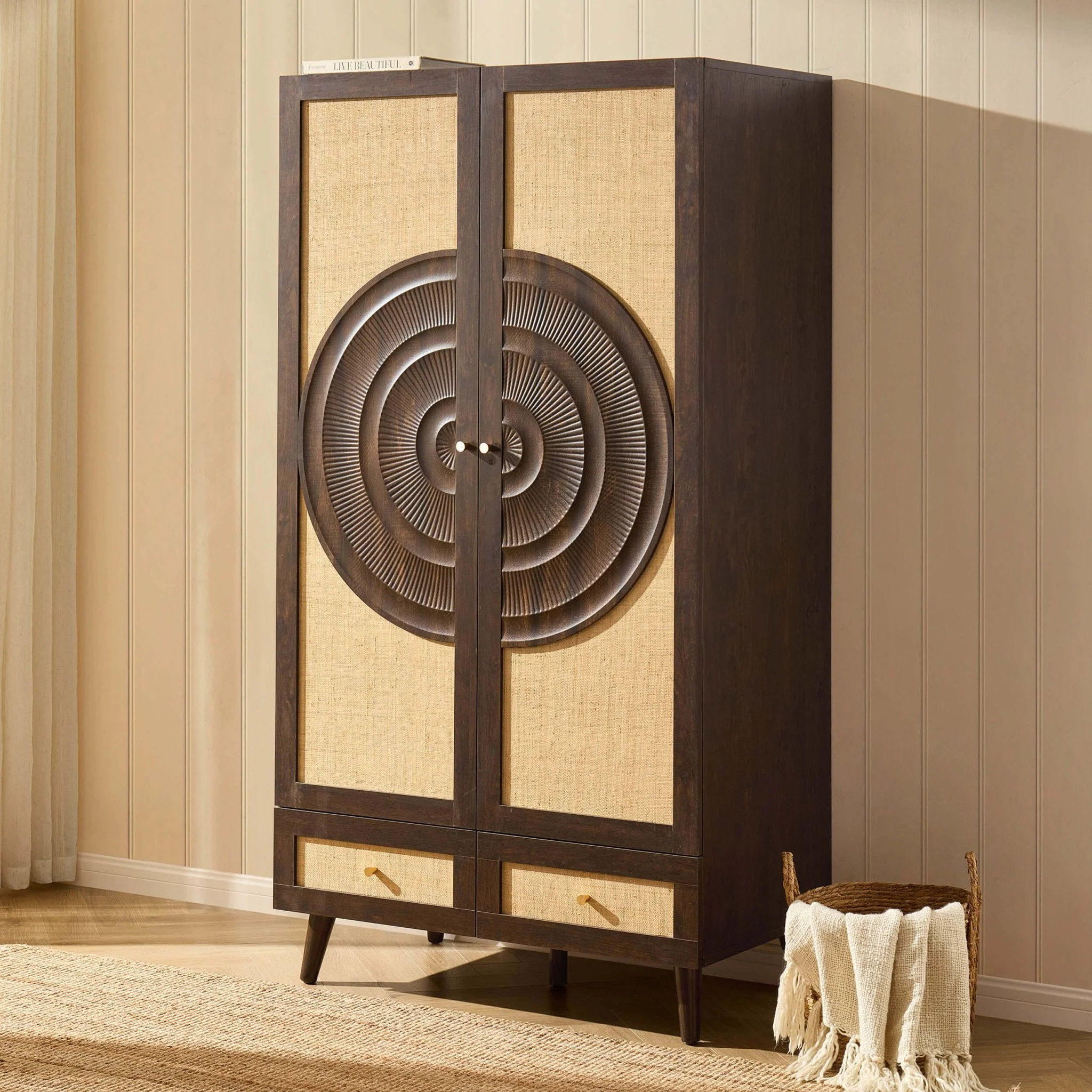 Raven Rattan 2 Door Wardrobe with Drawers - Walnut
